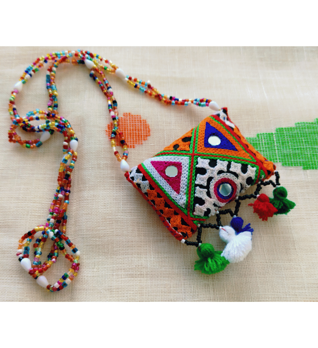 Navratri Special Sitara Puffed Fabric long Necklace - Rectangle.