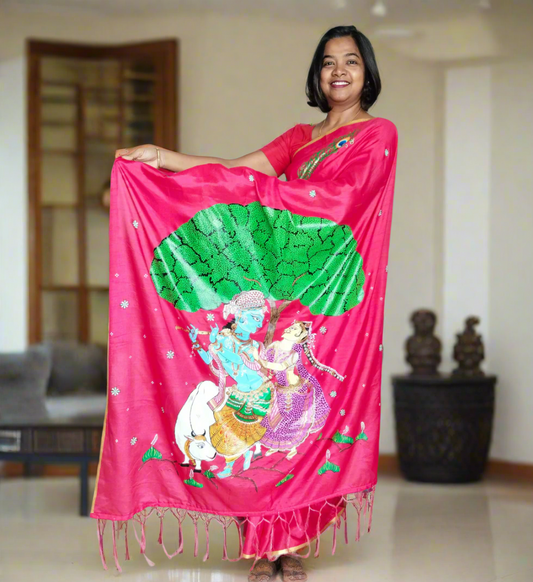 Radha Krishna Silk Saree in Red – A Divine Celebration of Love and Tradition