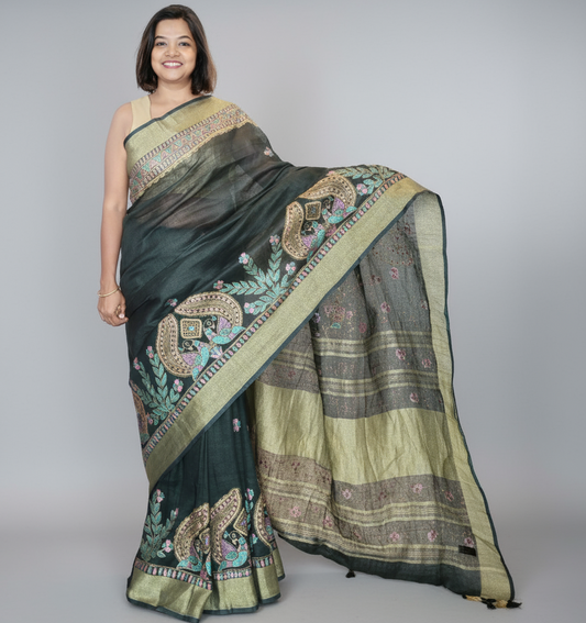 Madhubani Peacock on Linen Cotton Saree in Black