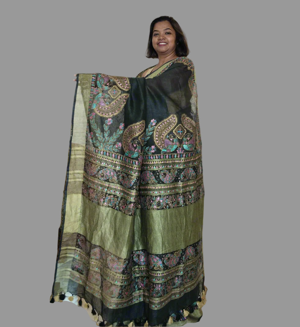Madhubani Peacock on Linen Cotton Saree in Black