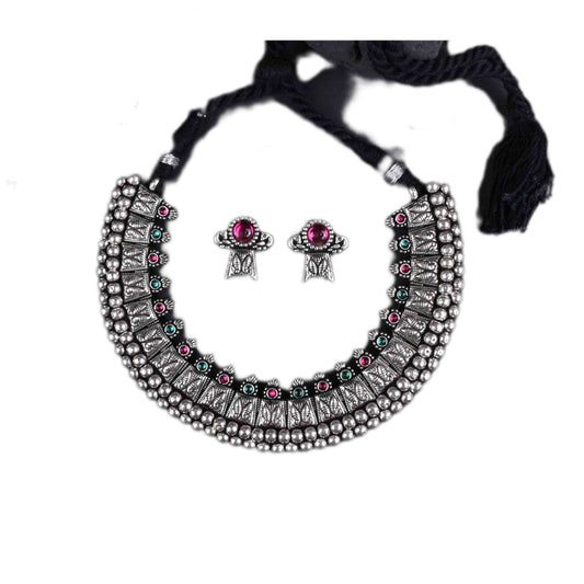 Advaita Handicrafts German Silver Choker Necklace with Earrings