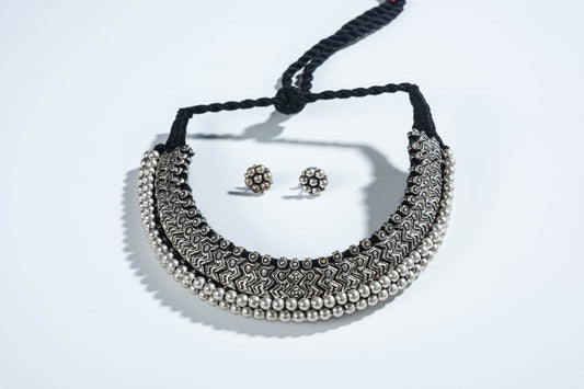 Advaita Handicrafts Unique German Silver Choker Necklace and Earrings