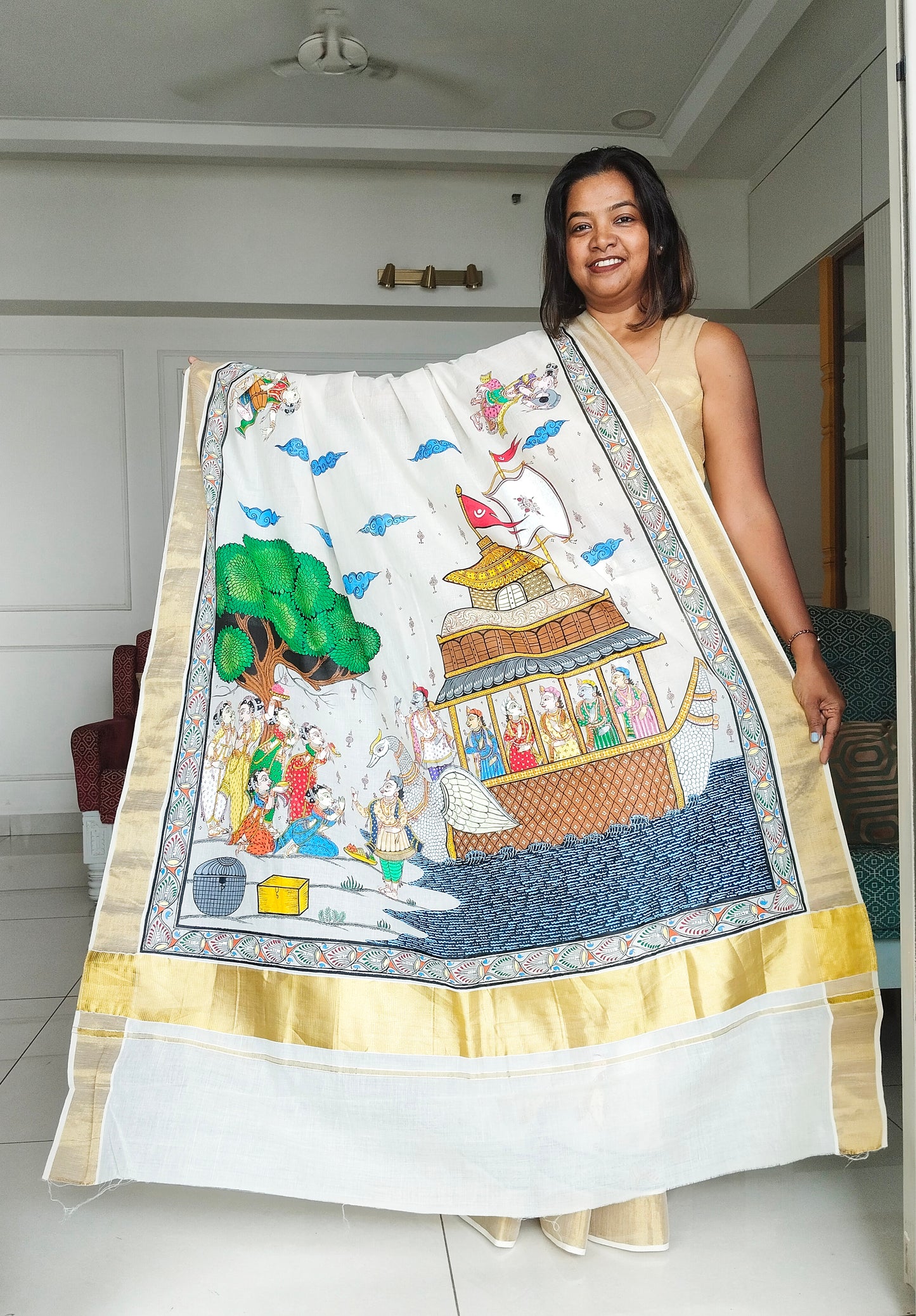 Hand-Painted Patachitra Saree -Boita Bandana on Kerala Cotton.