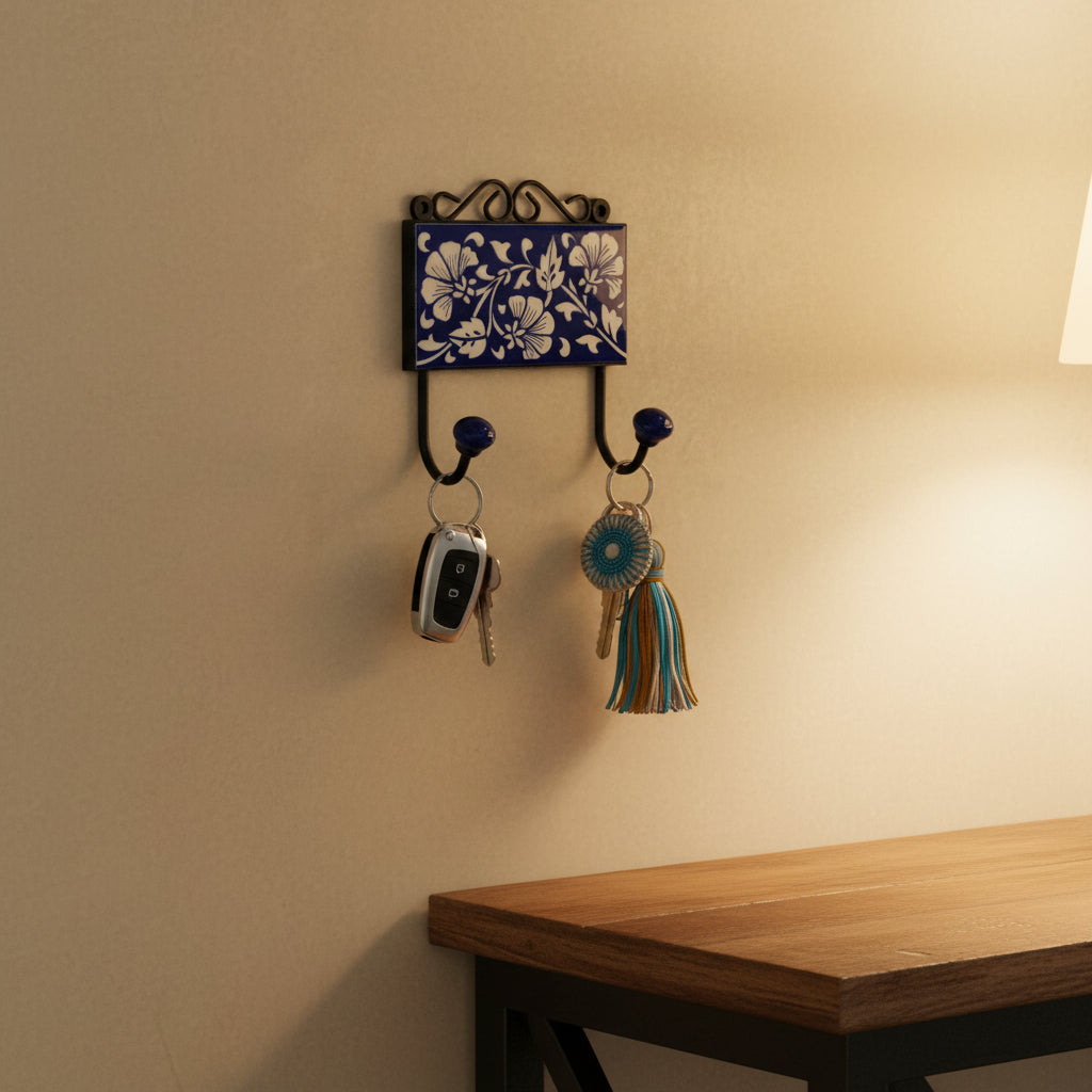Blue and White Hand-painted Floral Ceramic Hook Holder