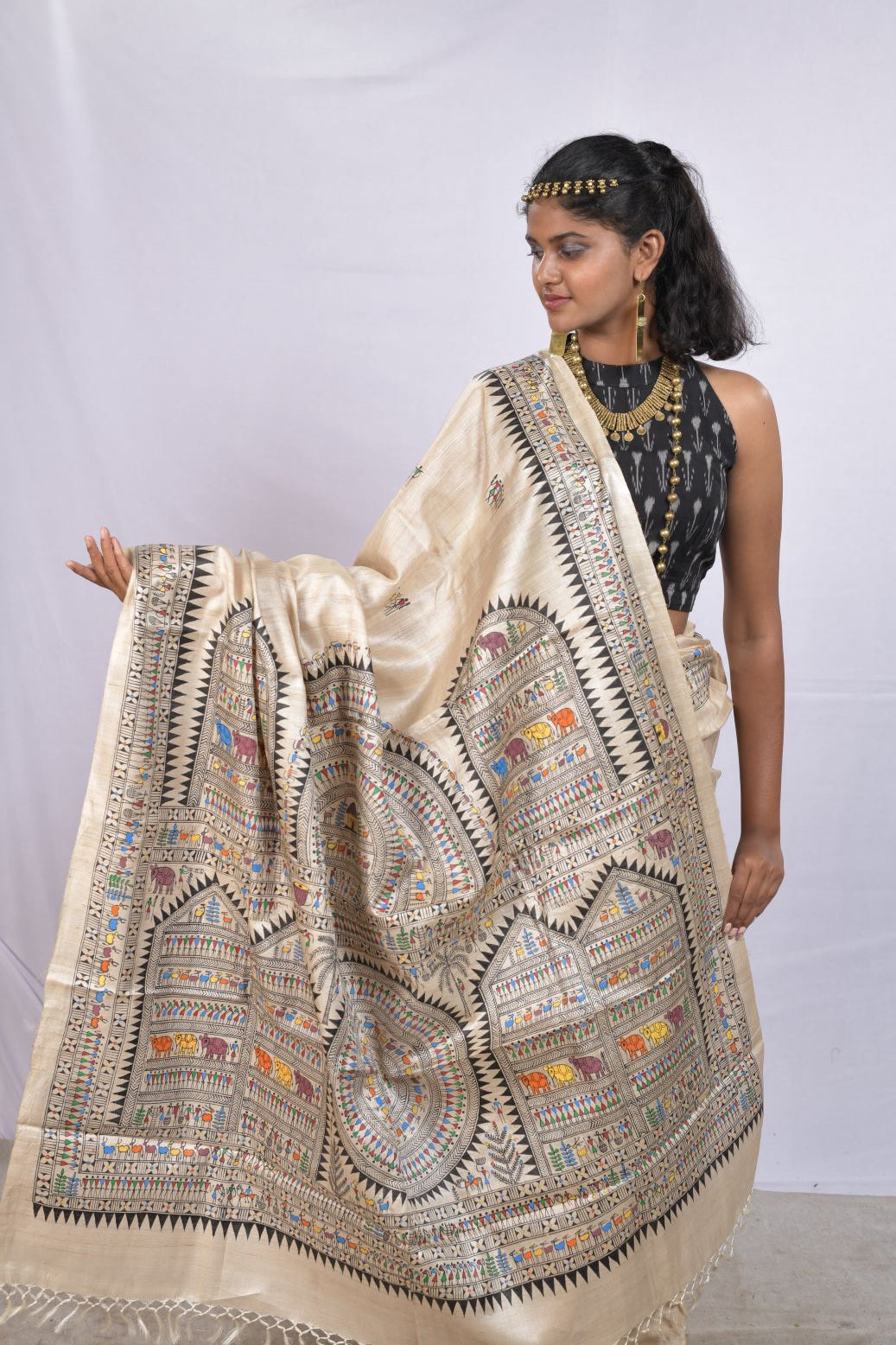 Special Desi Tassar Saura Tribal Themed Handpainted saree with blouse