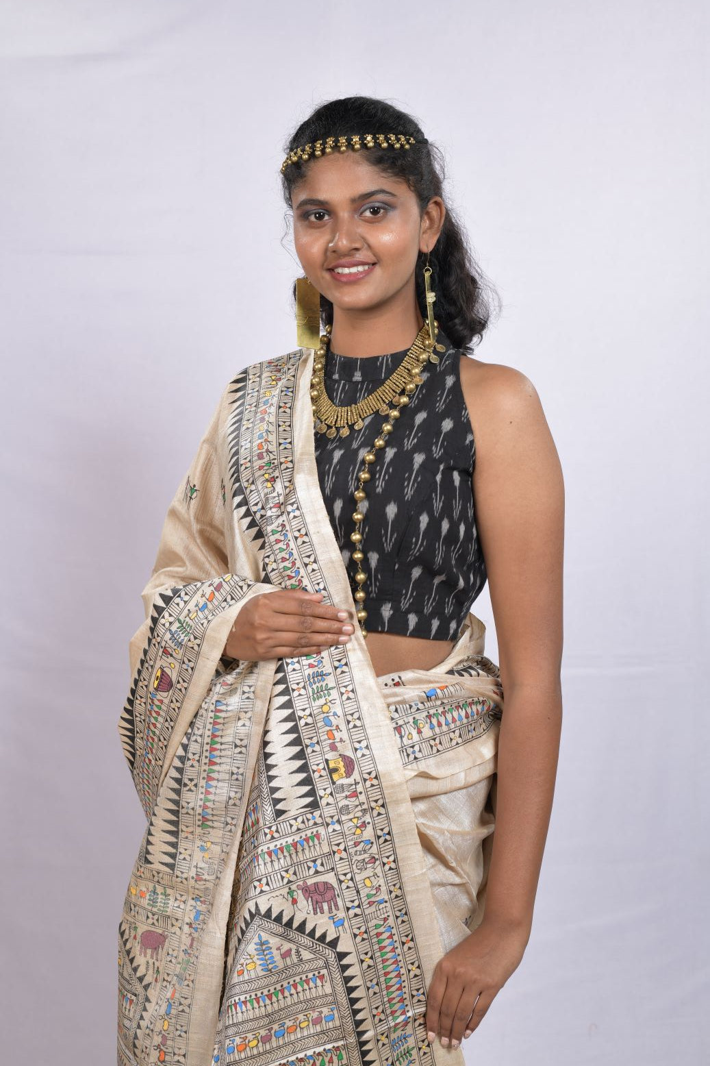 Special Desi Tassar Saura Tribal Themed Handpainted saree with blouse