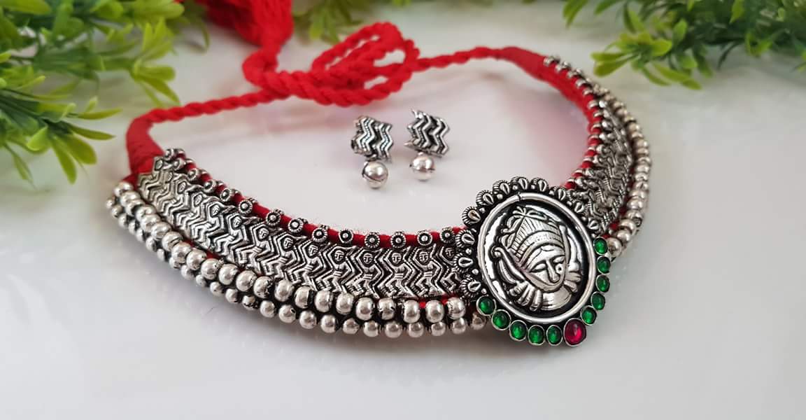 Advaita Handicrafts german silver heavy choker - Temple Jewelery.
