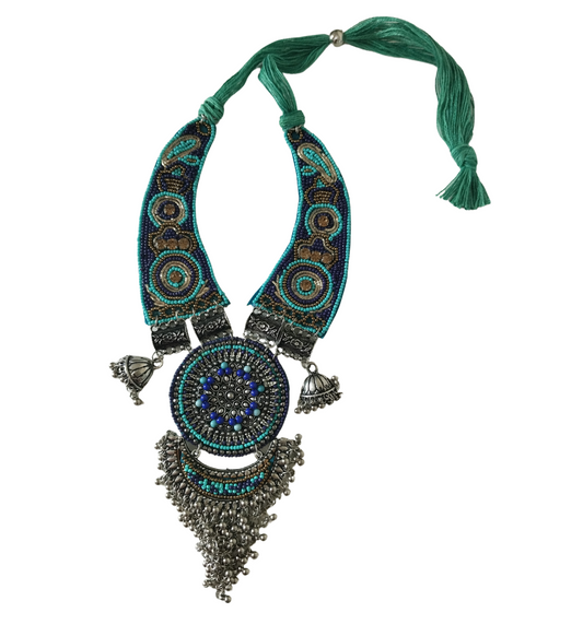 Advaita Handicrafts- Green Fabric Long Necklace with Oxidized Work – Elegant and Unique Jewelry Piece