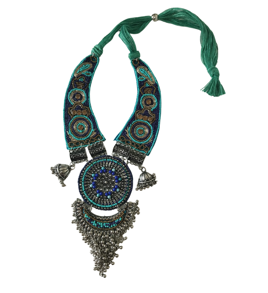 Advaita Handicrafts- Green Fabric Long Necklace with Oxidized Work – Elegant and Unique Jewelry Piece