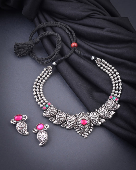 Advaita Handicrafts Oxidized German Silver Choker And Earrings Set