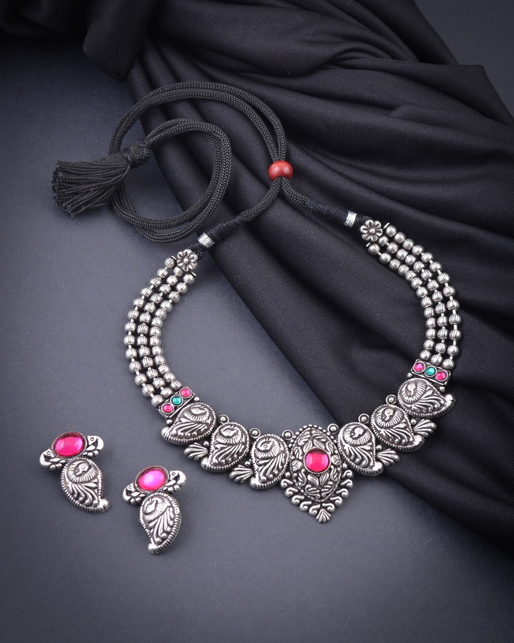 Advaita Handicrafts Oxidized German Silver Choker And Earrings Set