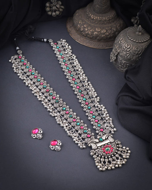 Advaita Handicrafts Long Silver German Oxidized Jewelery Set.