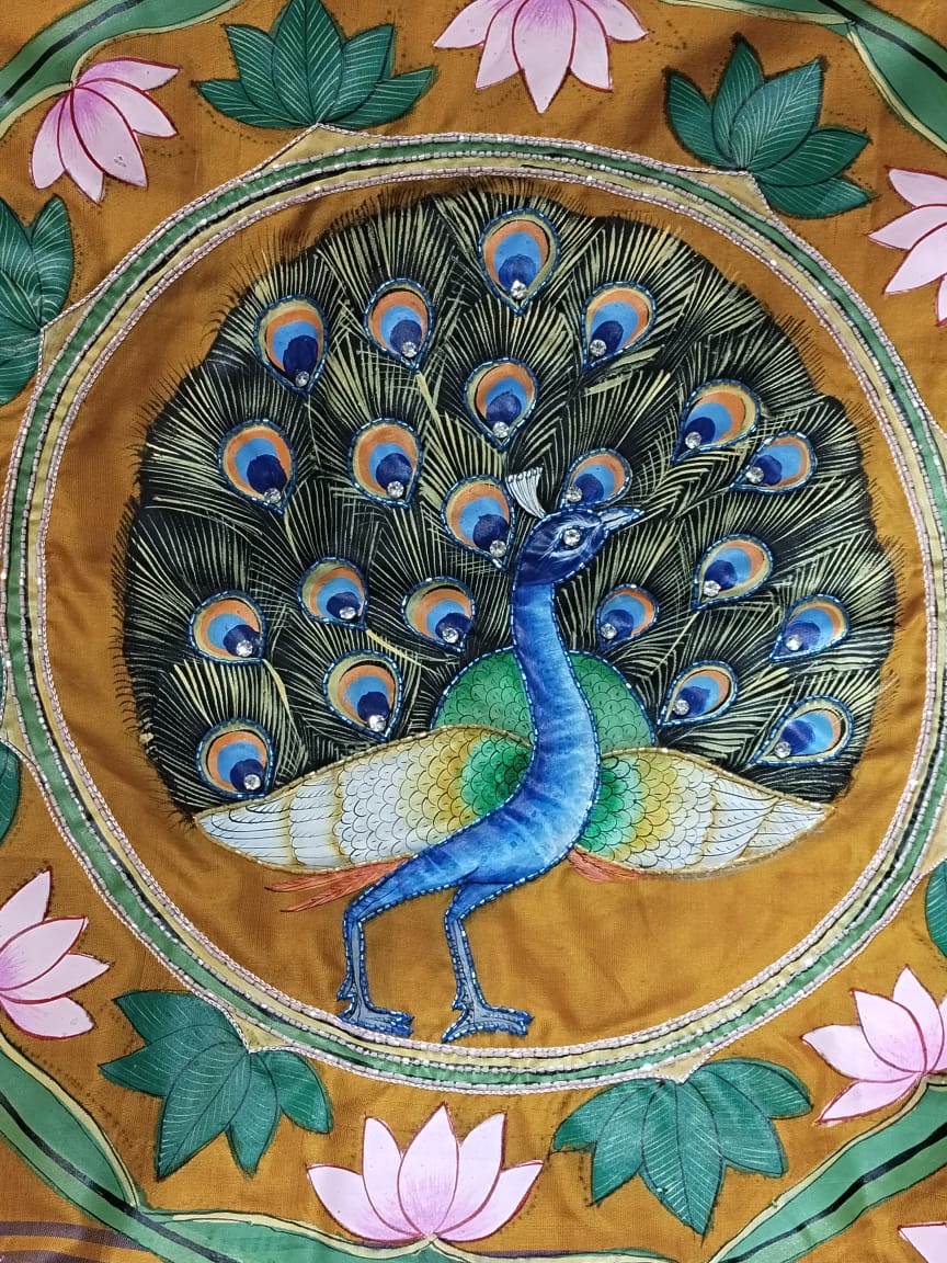 Pichwai Peacock Pink Silk Saree with hand-embroidery