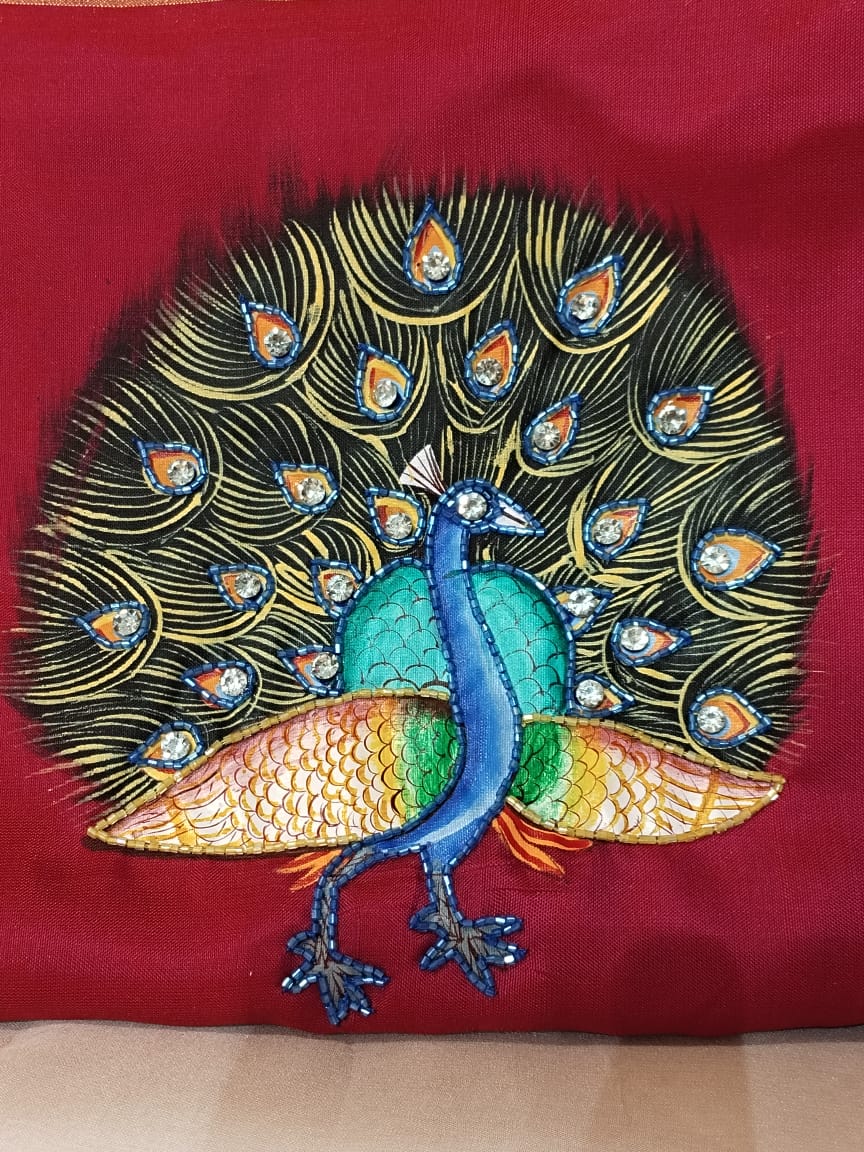 Pichwai Peacock Pink Silk Saree with hand-embroidery