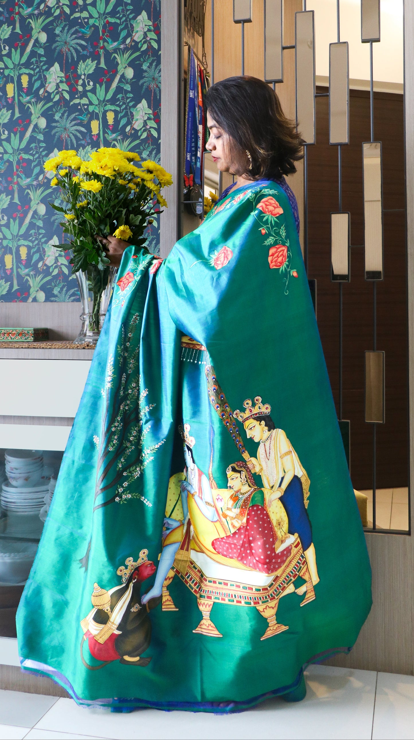 Pure Mulberry Silk Pichwai Ram Durbar Saree in bottle green