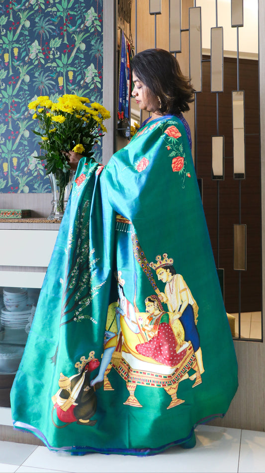 Pure Mulberry Silk Pichwai Ram Durbar Saree in bottle green