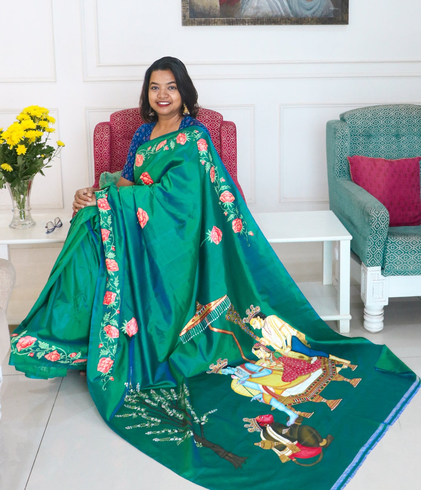 Pure Mulberry Silk Pichwai Ram Durbar Saree in bottle green