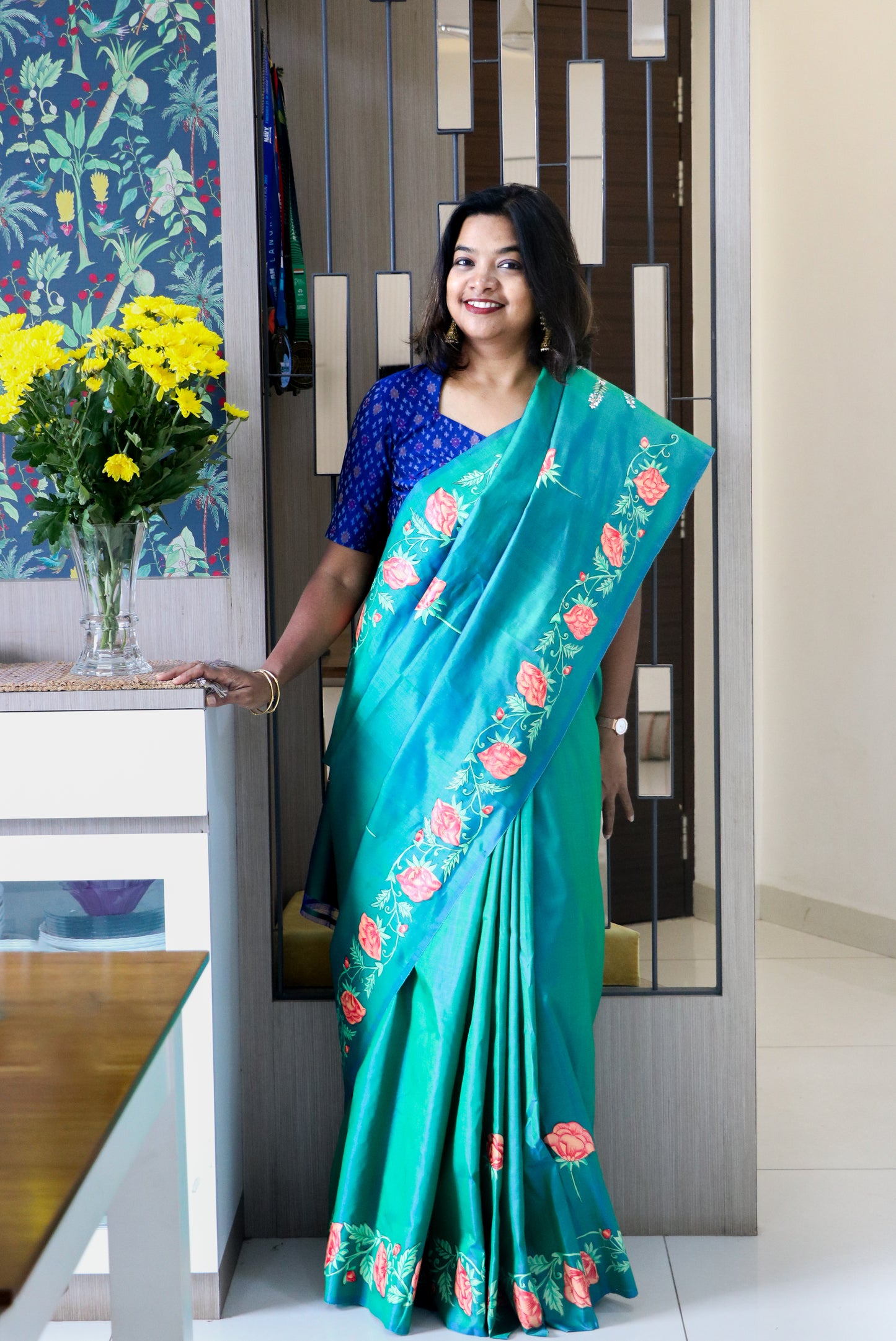 Pure Mulberry Silk Pichwai Ram Durbar Saree in bottle green.