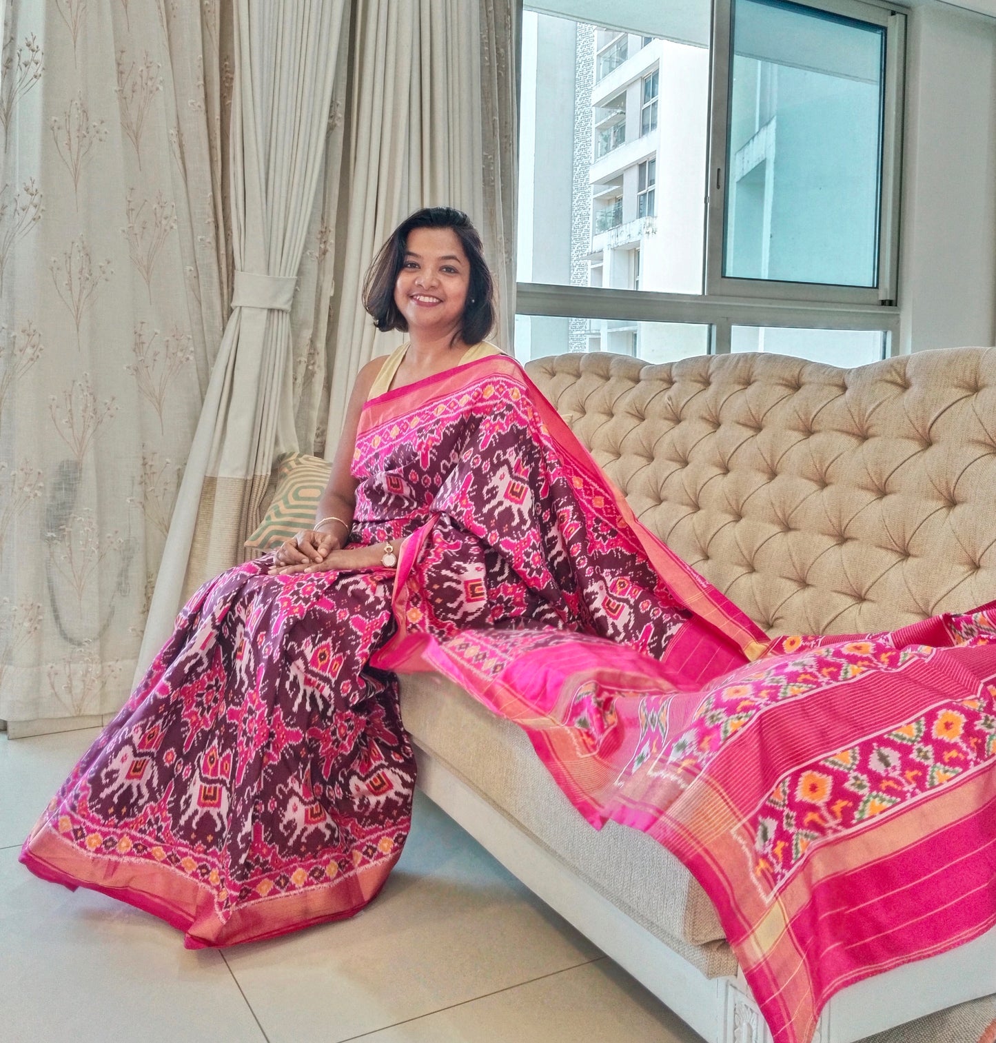 Coffee Pink Patola Single Ikkat Silk Saree