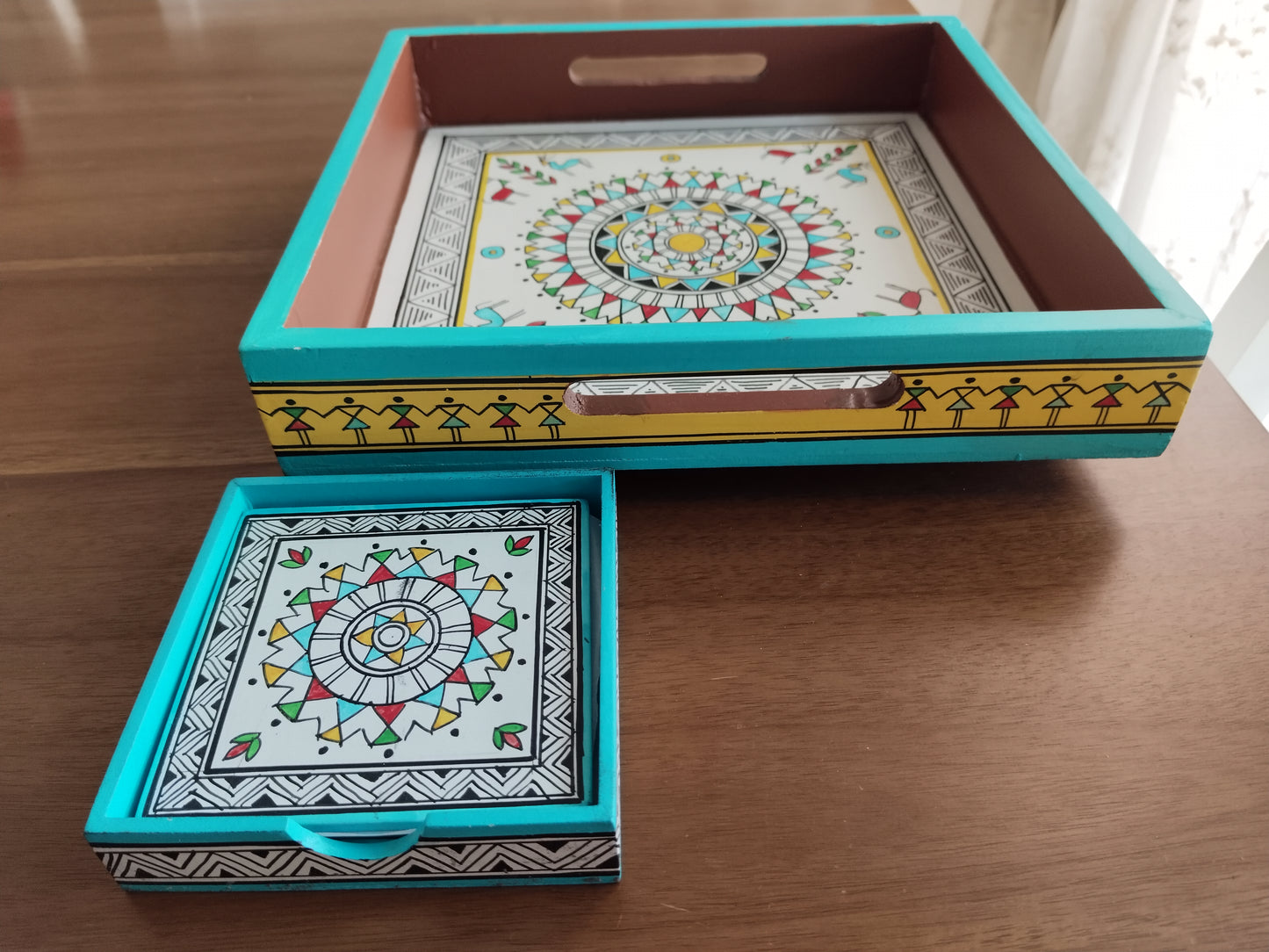 Hand Painted Blue Tribal Tray & Coaster set