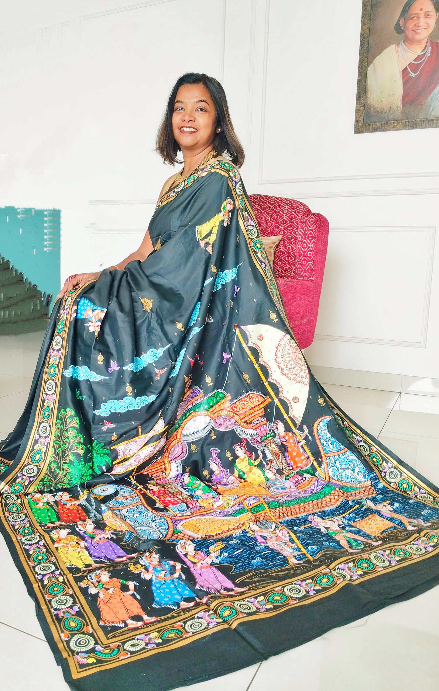 Boita Bandana on silk cotton - Hand-Painted Patachitra Saree.