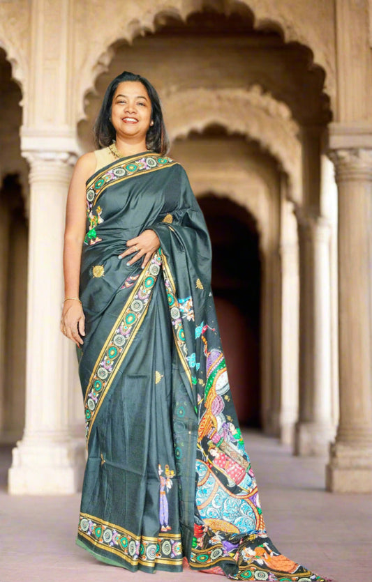 Boita Bandana on silk cotton - Hand-Painted Patachitra Saree.