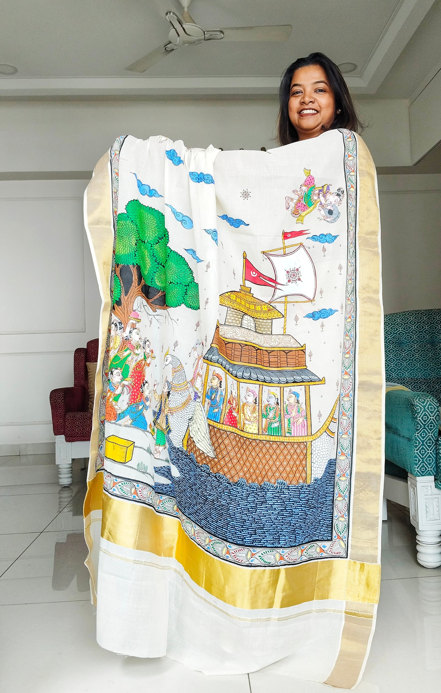 Hand-Painted Patachitra Saree -Boita Bandana on Kerala Cotton.