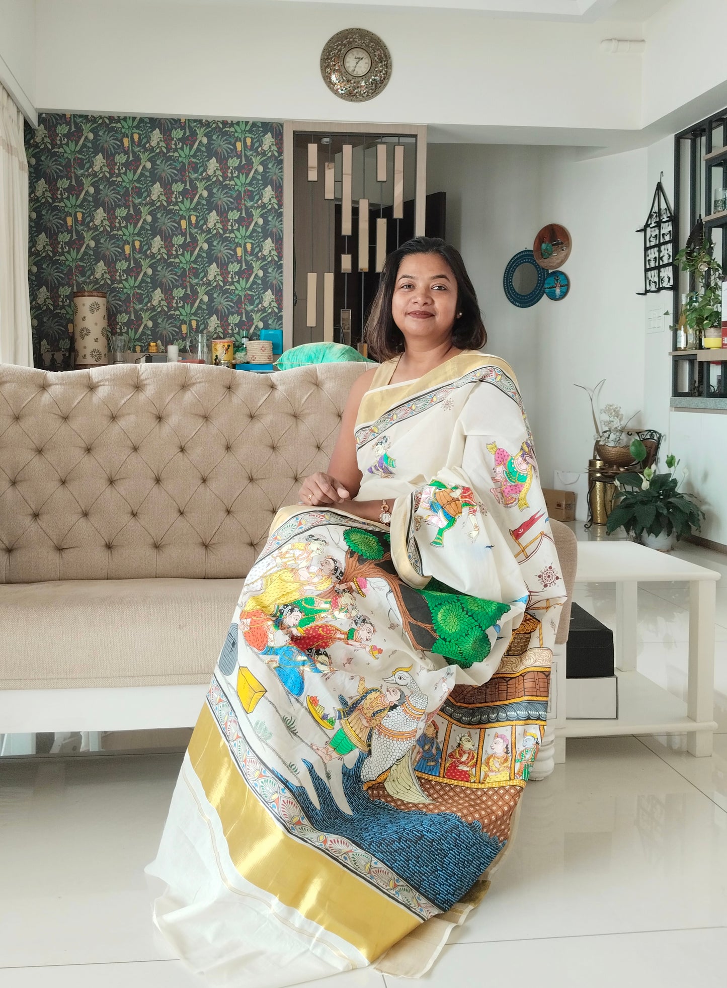 Hand-Painted Patachitra Saree -Boita Bandana on Kerala Cotton.