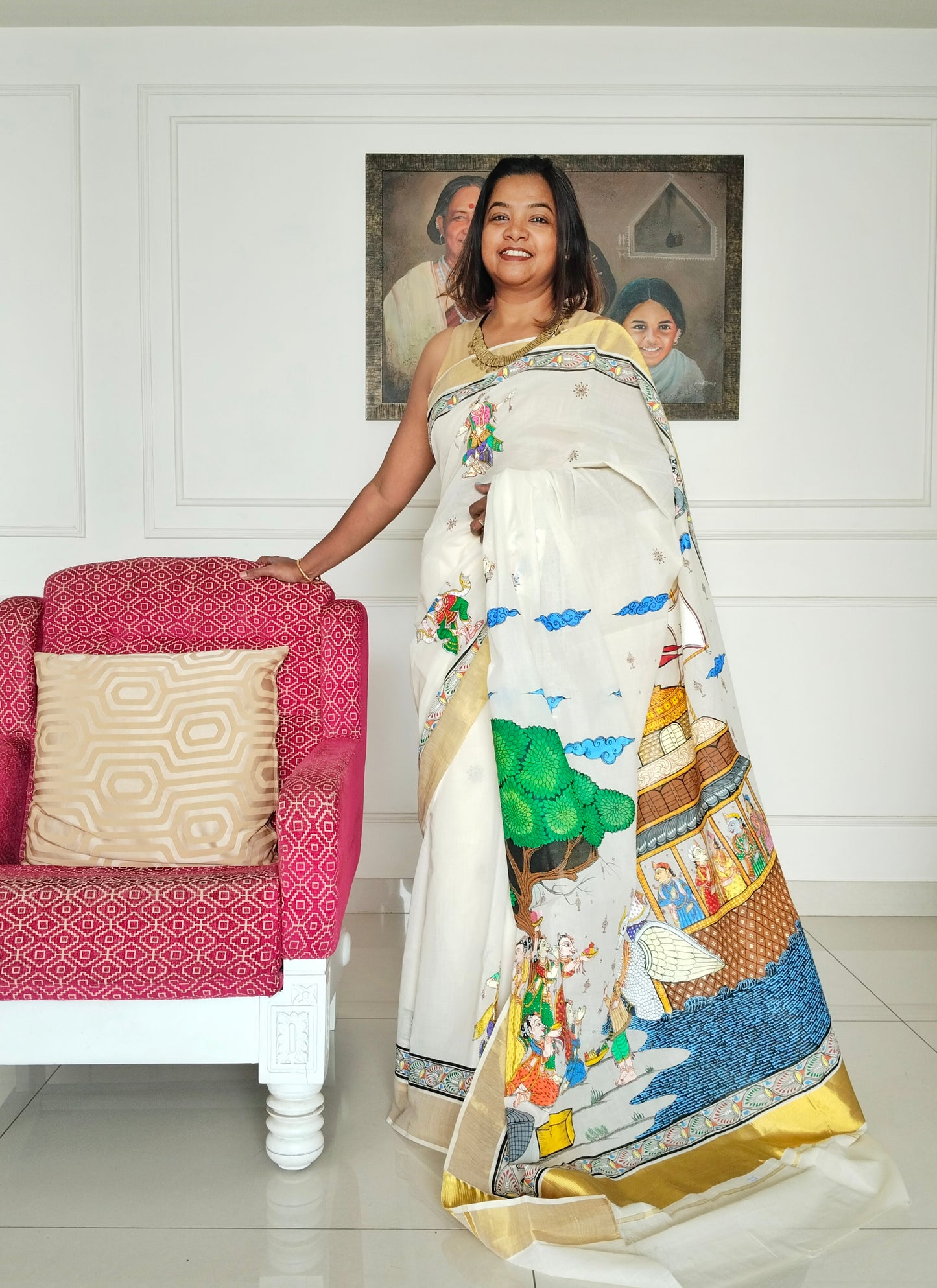 Hand-Painted Patachitra Saree -Boita Bandana on Kerala Cotton.