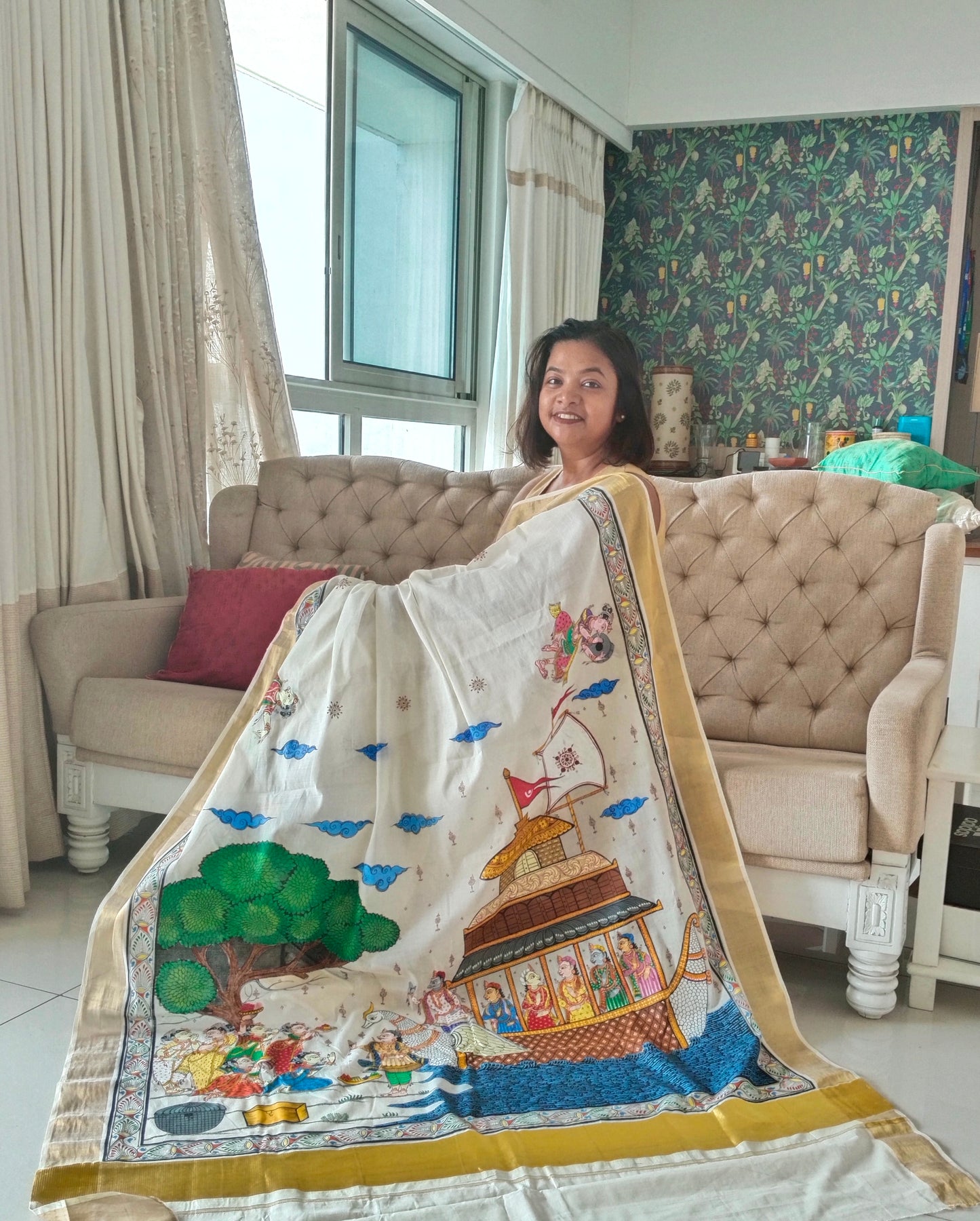 Hand-Painted Patachitra Saree -Boita Bandana on Kerala Cotton.