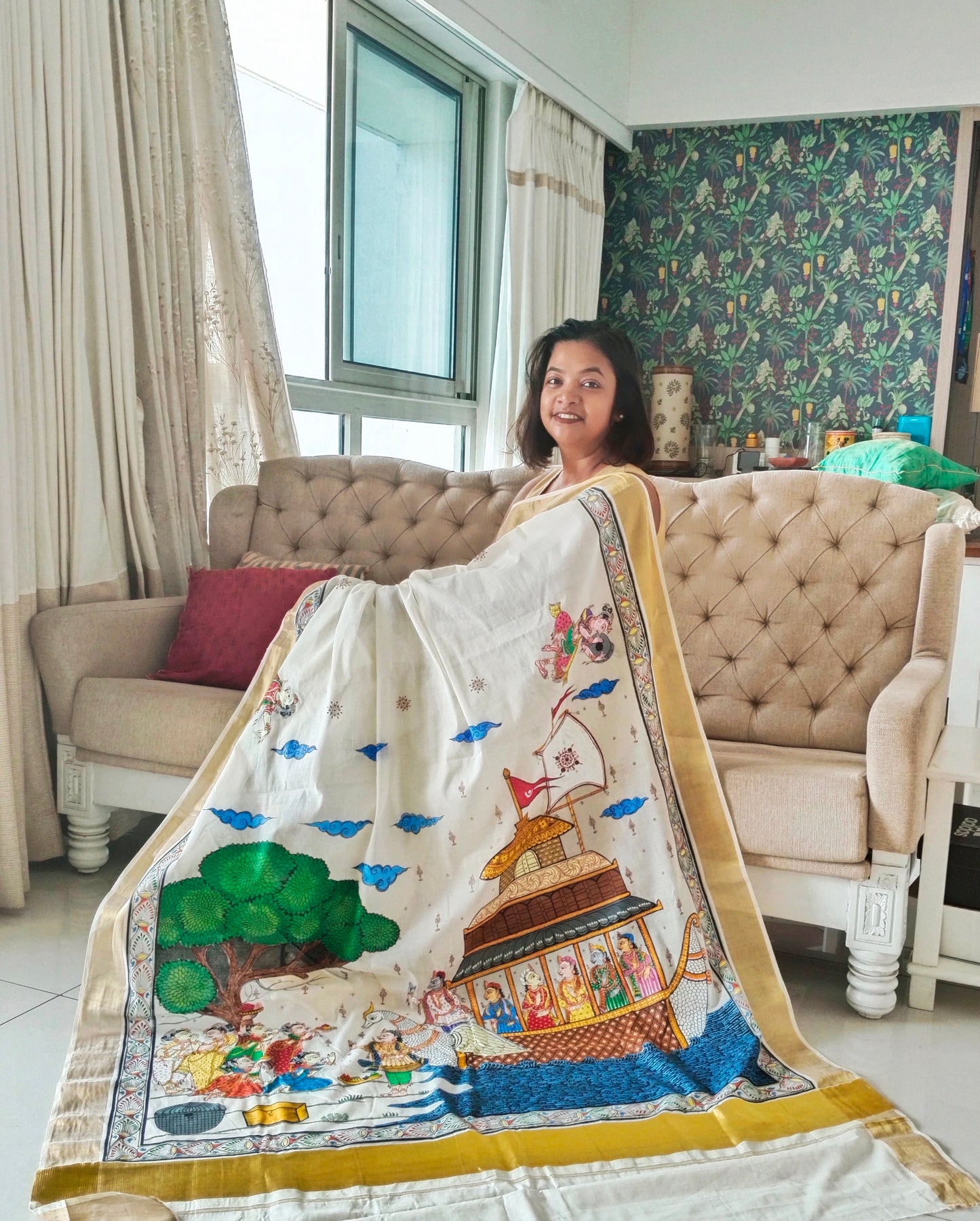 Hand-Painted Patachitra Saree -Boita Bandana on Kerala Cotton.