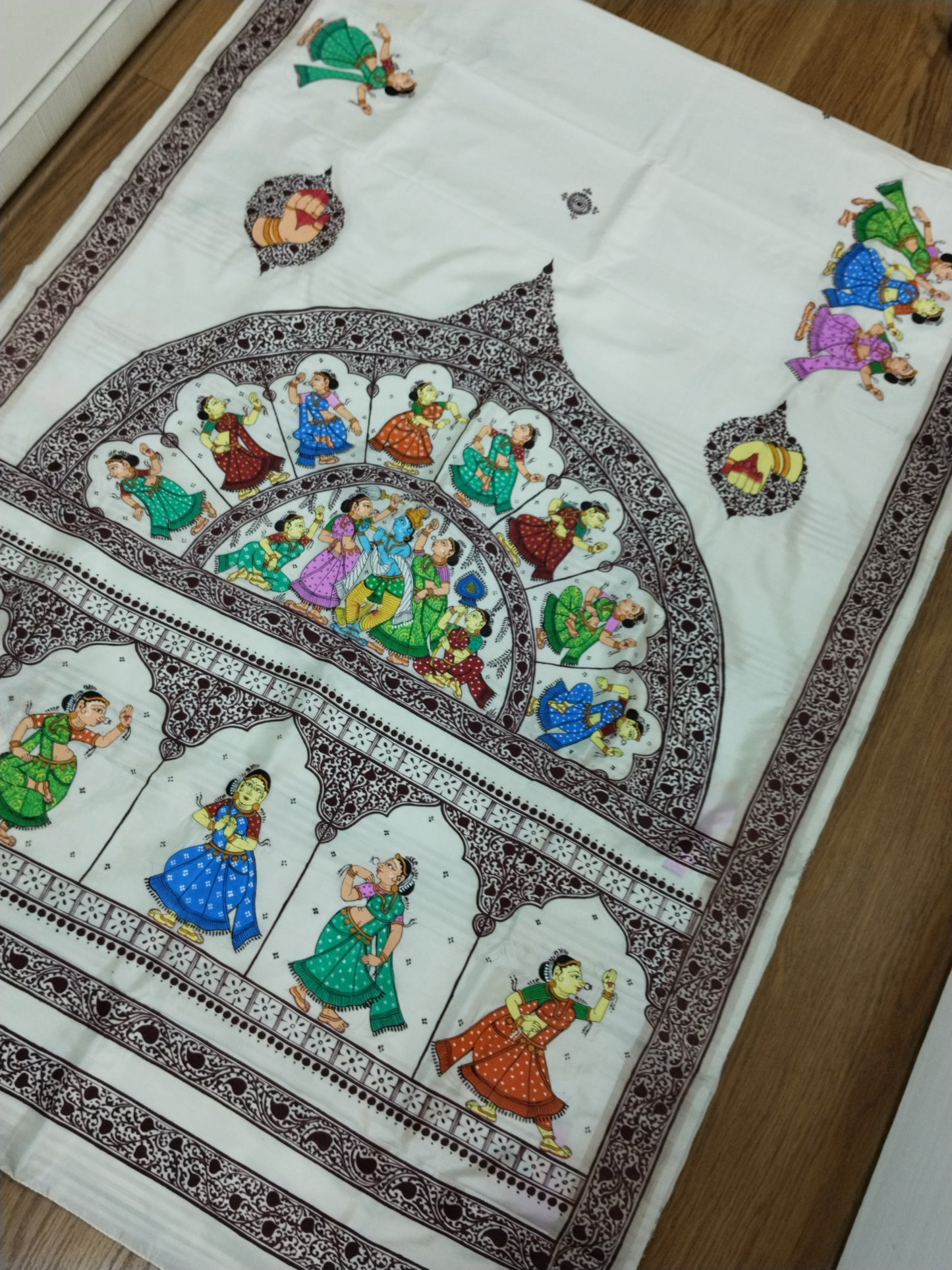 Mulberry Silk Krishna Raasleela Saree- Hand-painted Patachitra Saree