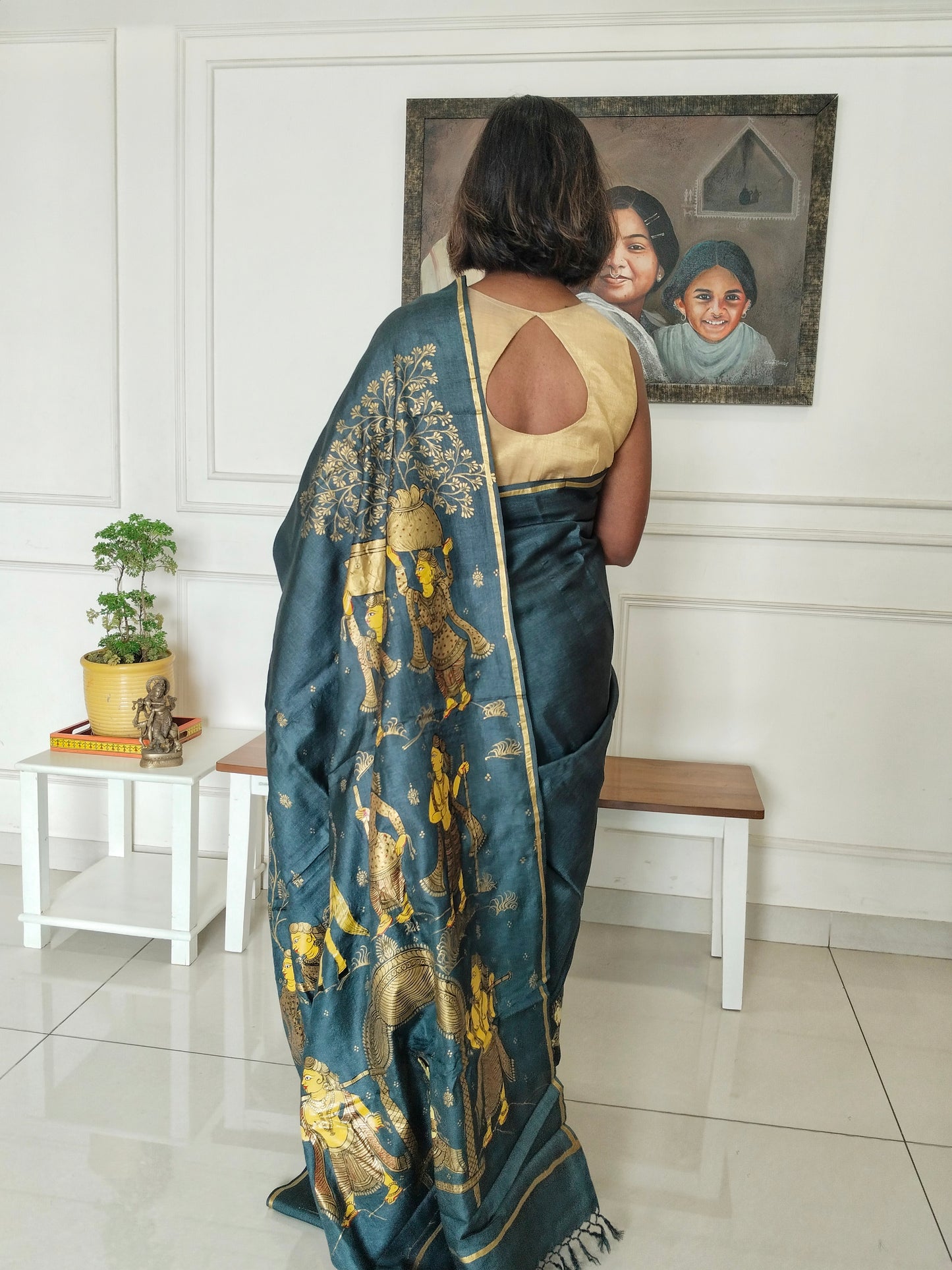 Black Gold Marriage Procession on slate grey Pure Tassar Silk Patachitra Saree.
