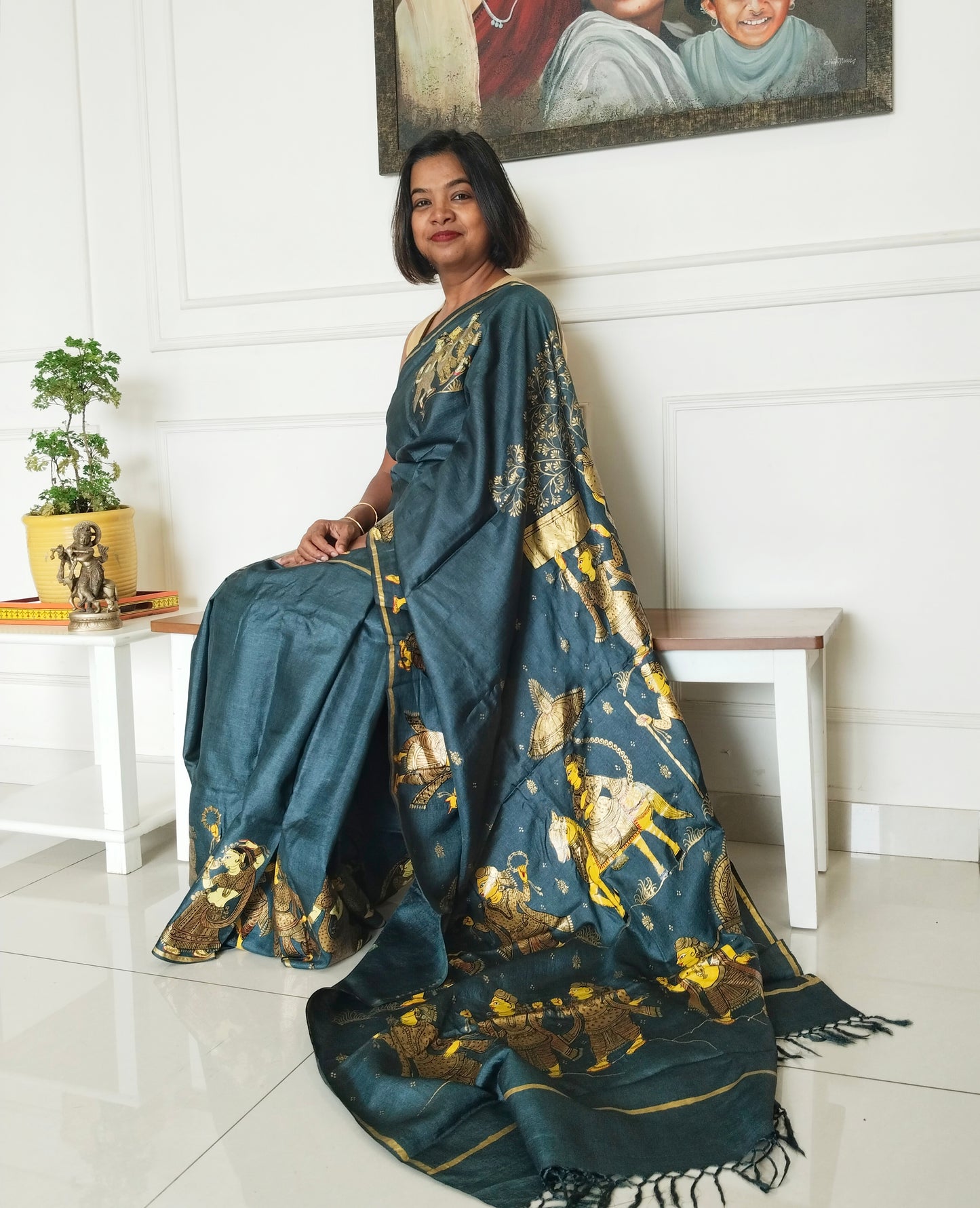 Black Gold Marriage Procession on slate grey Pure Tassar Silk Patachitra Saree.