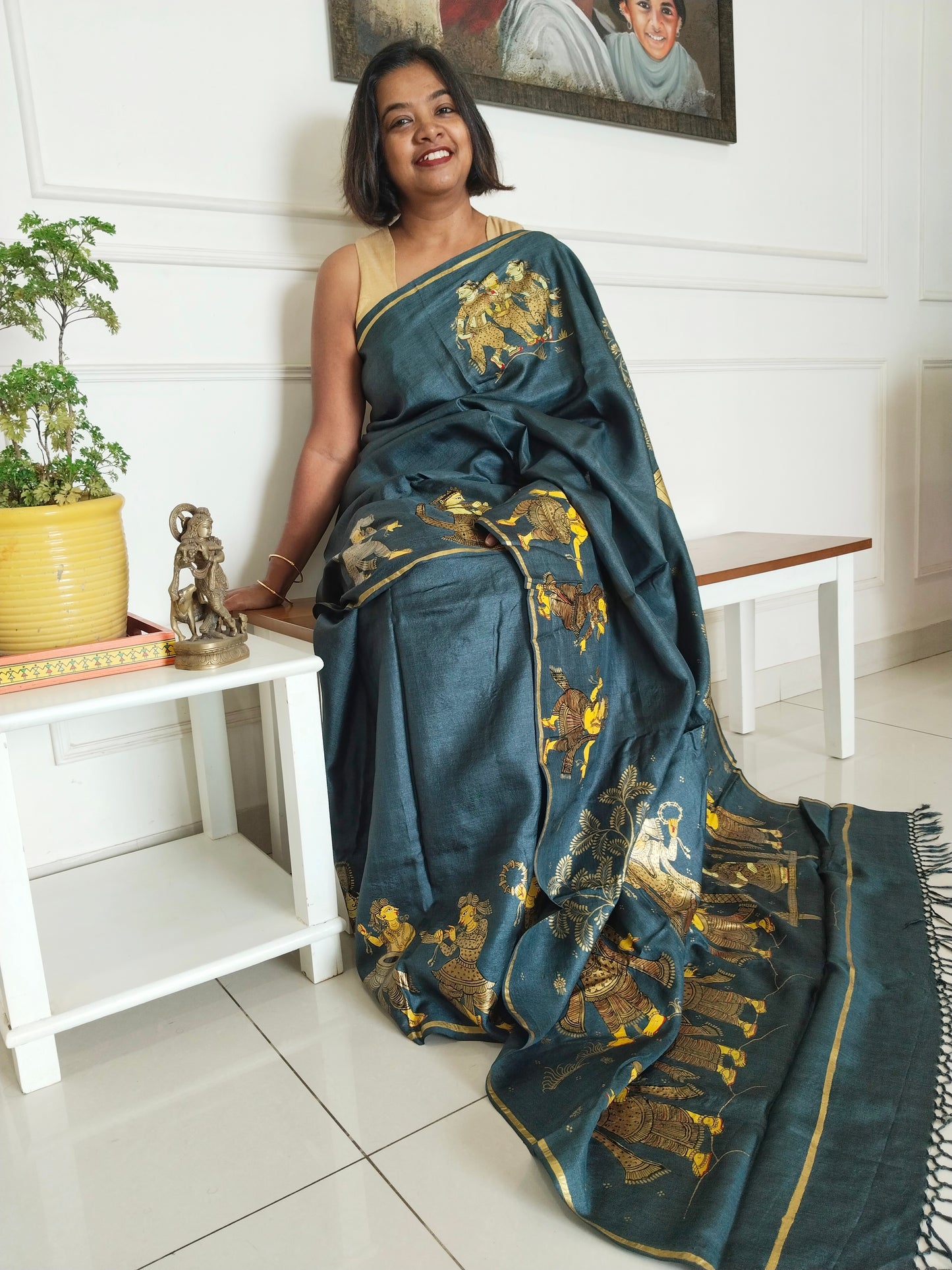 Black Gold Marriage Procession on slate grey Pure Tassar Silk Patachitra Saree.