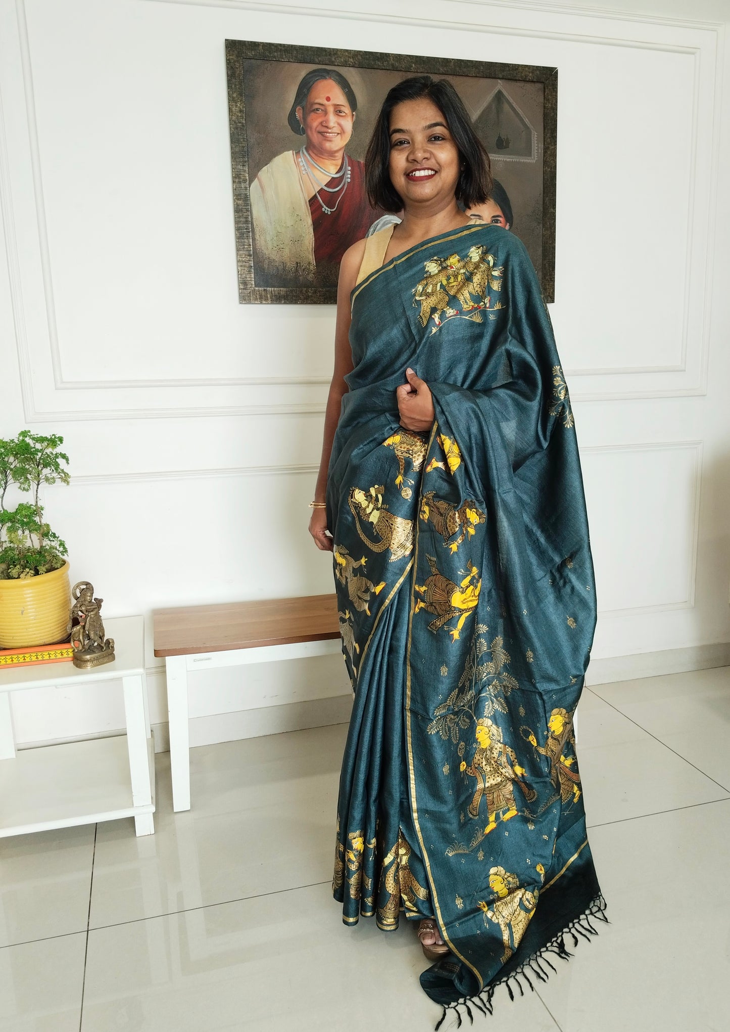 Black Gold Marriage Procession on slate grey Pure Tassar Silk Patachitra Saree.