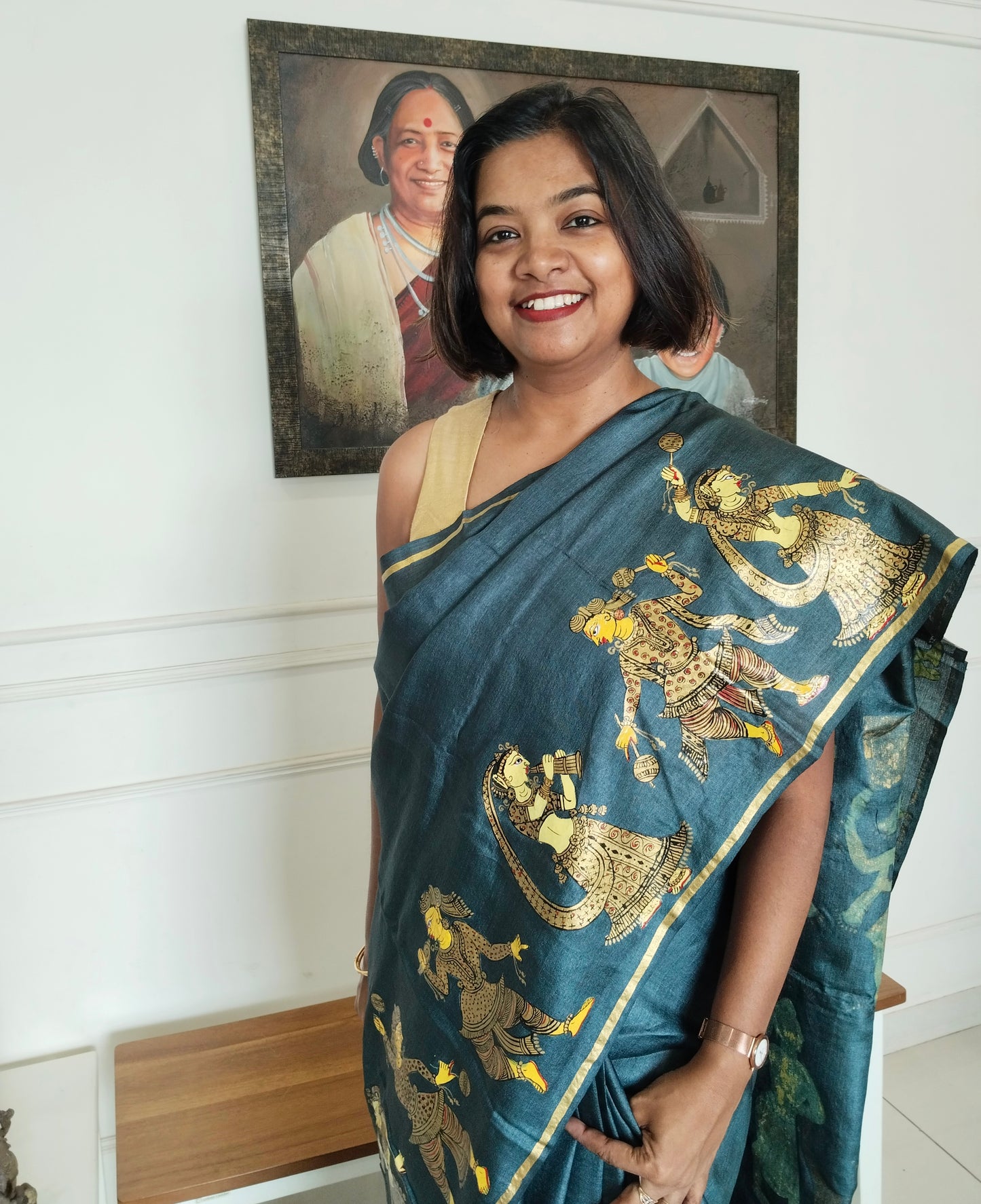 Black Gold Marriage Procession on slate grey Pure Tassar Silk Patachitra Saree.