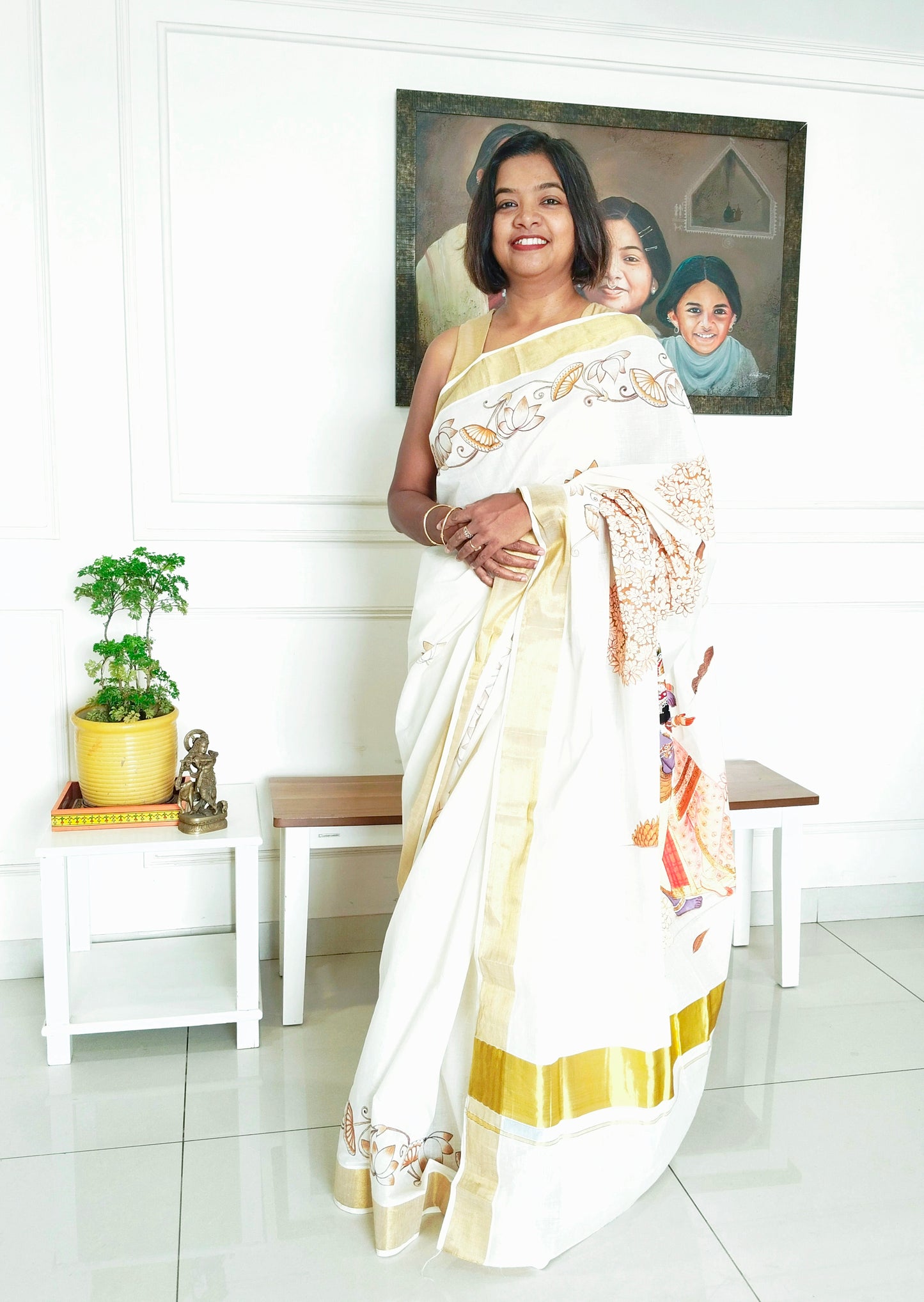 Monochrome Radha Krishna Kerala Cotton Saree - PIchwai Saree