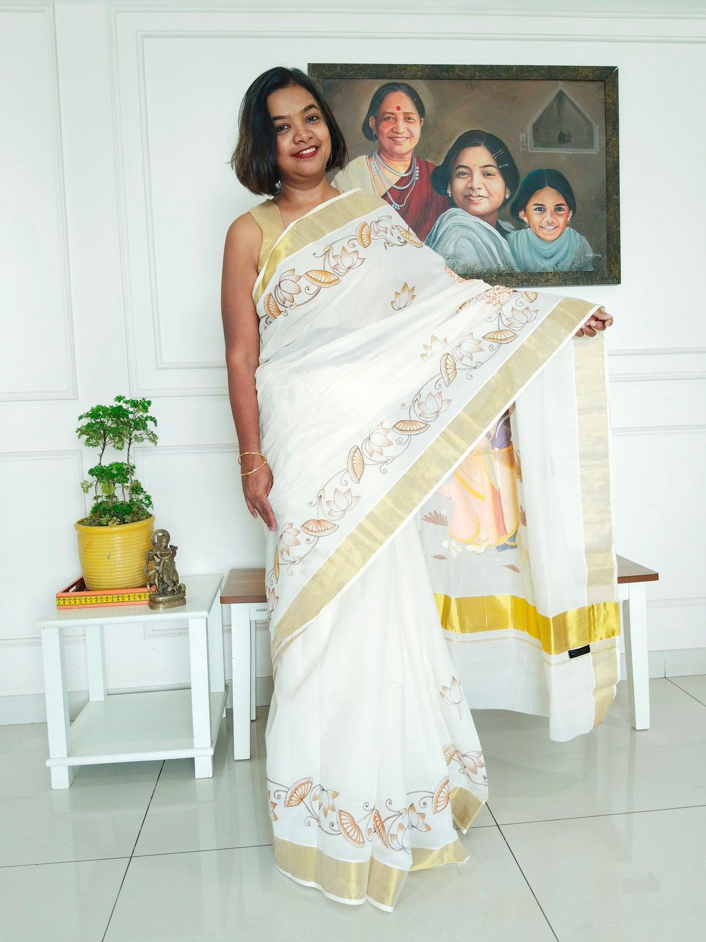 Monochrome Radha Krishna Kerala Cotton Saree - PIchwai Saree