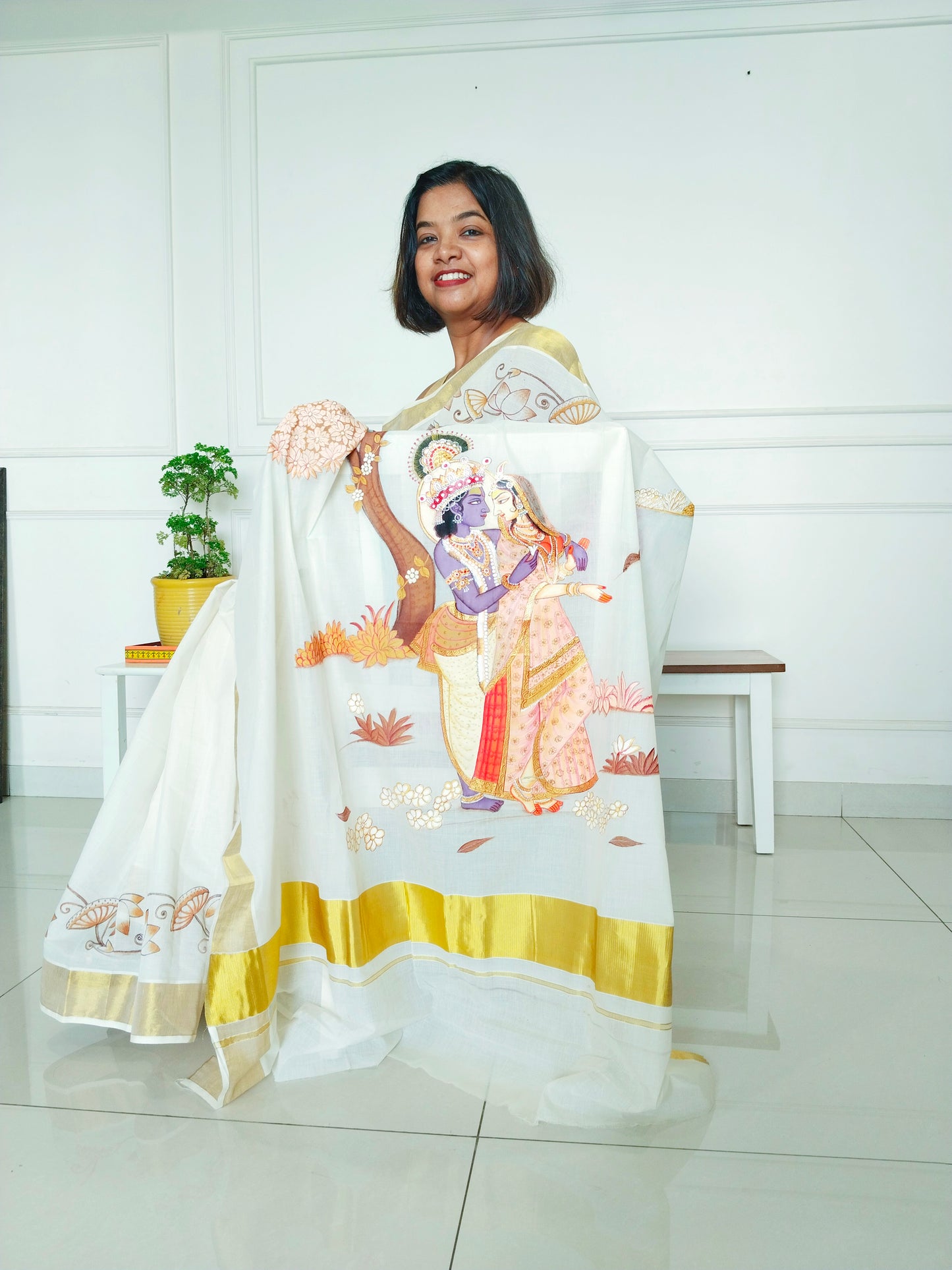 Monochrome Radha Krishna Kerala Cotton Saree - PIchwai Saree