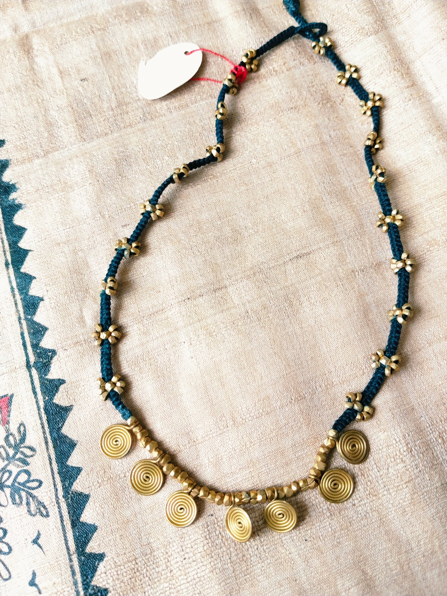 Blue Thread with Brass Dhokra Coin and Beads Necklace