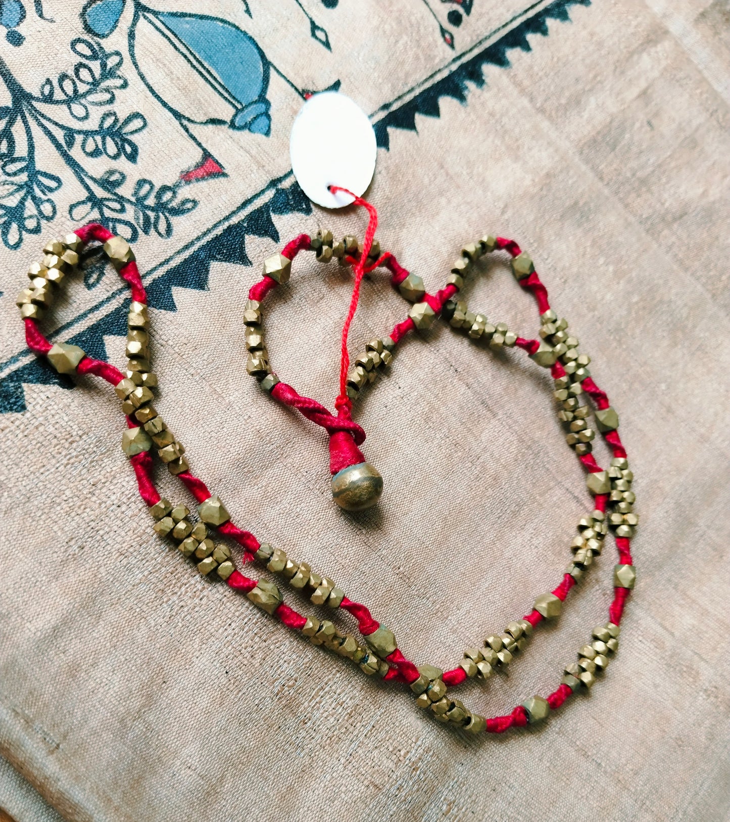 Advaita Handicrafts Ethnic Collection - Long Red Thread Necklace with Brass Dhokra Beads