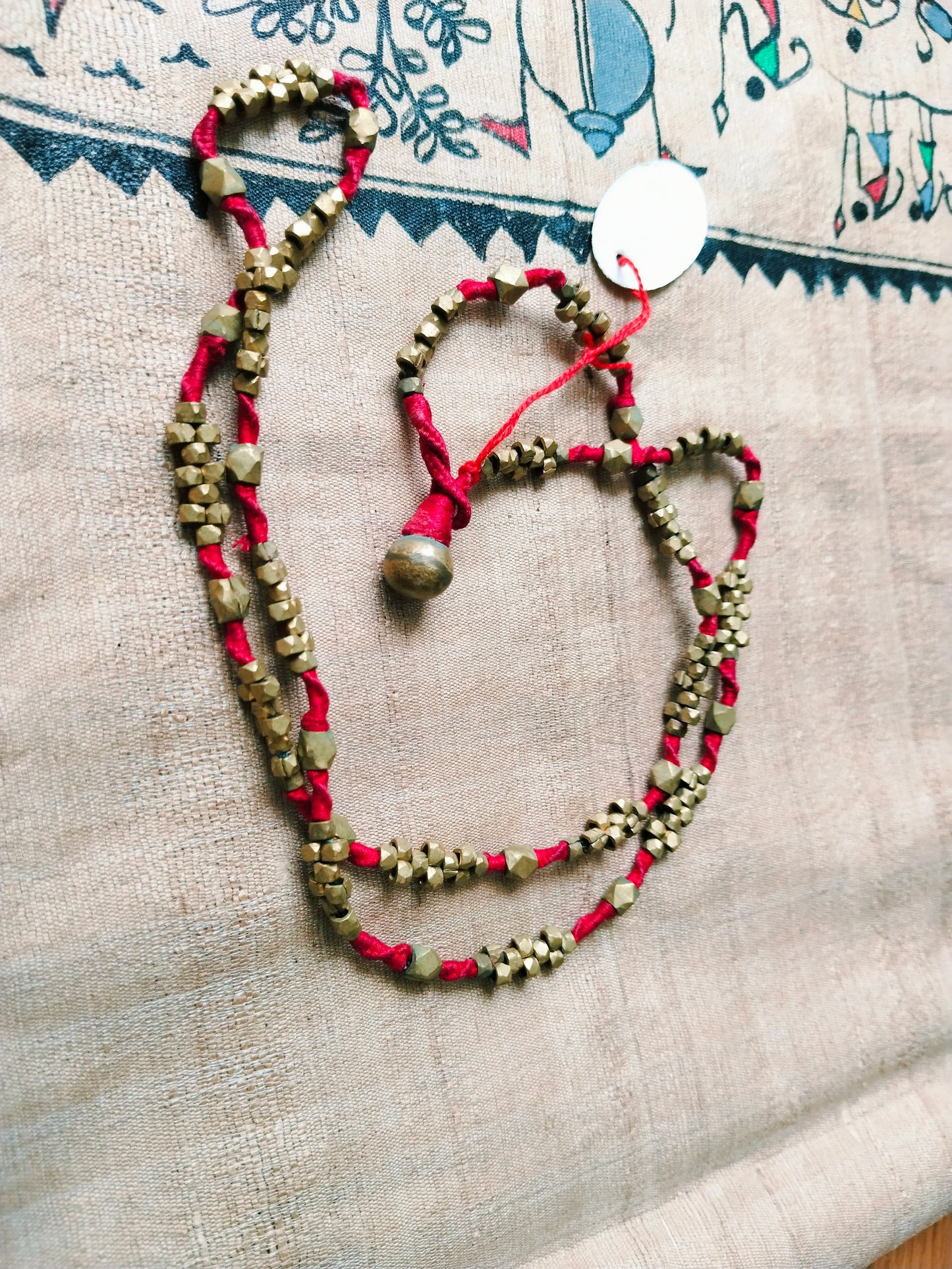 Advaita Handicrafts Ethnic Collection - Long Red Thread Necklace with Brass Dhokra Beads