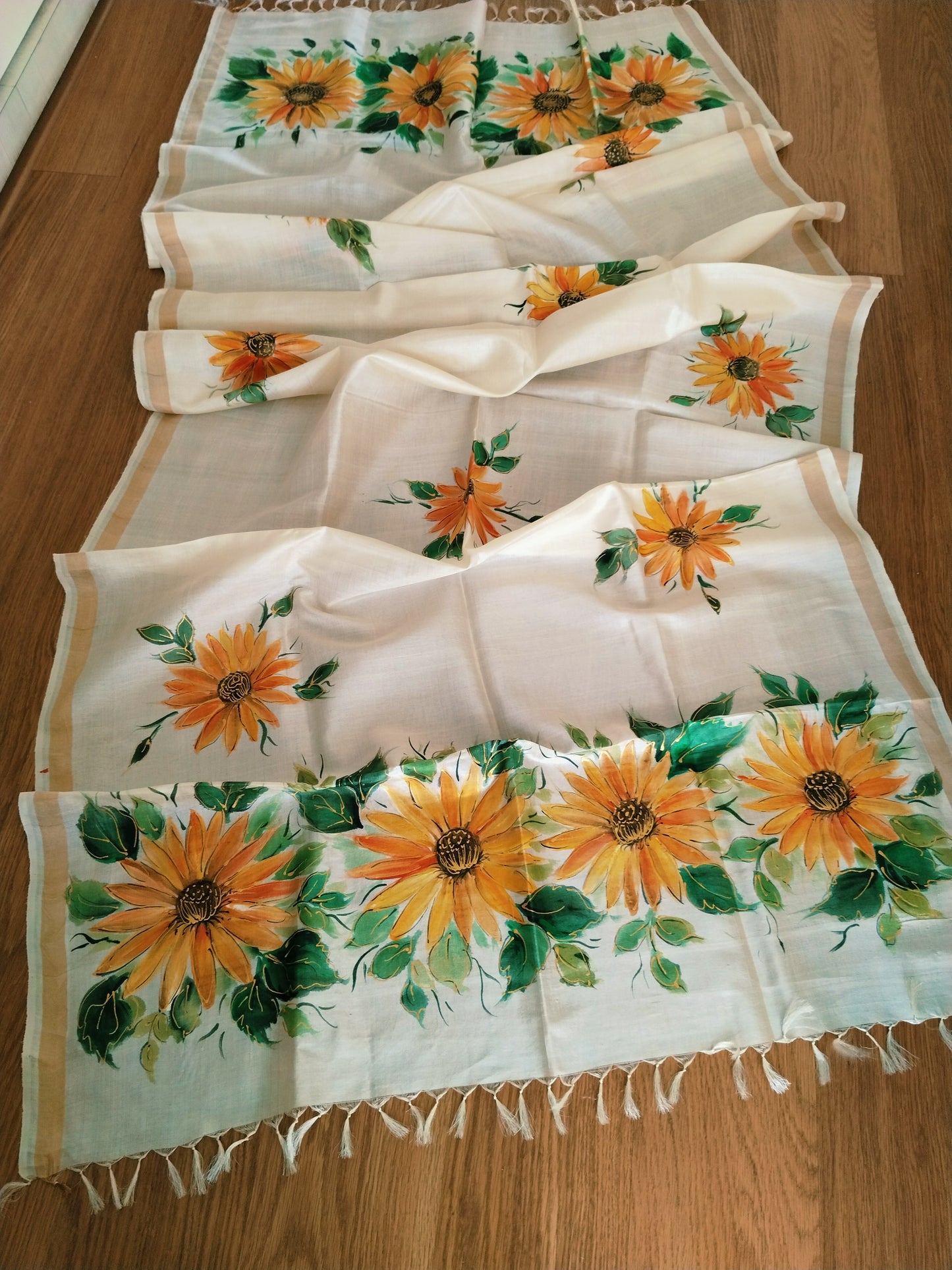 Handpainted Tassar Silk Floral Dupatta - Sunflower