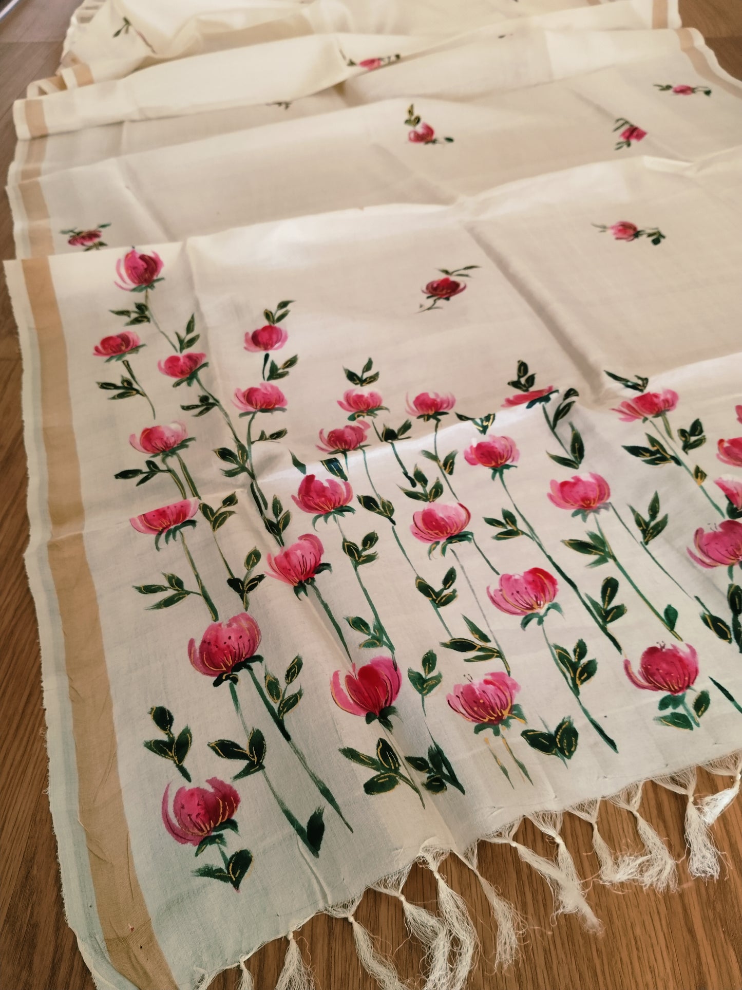 Handpainted Tassar Silk Floral Dupatta - Pink cosmos flowers