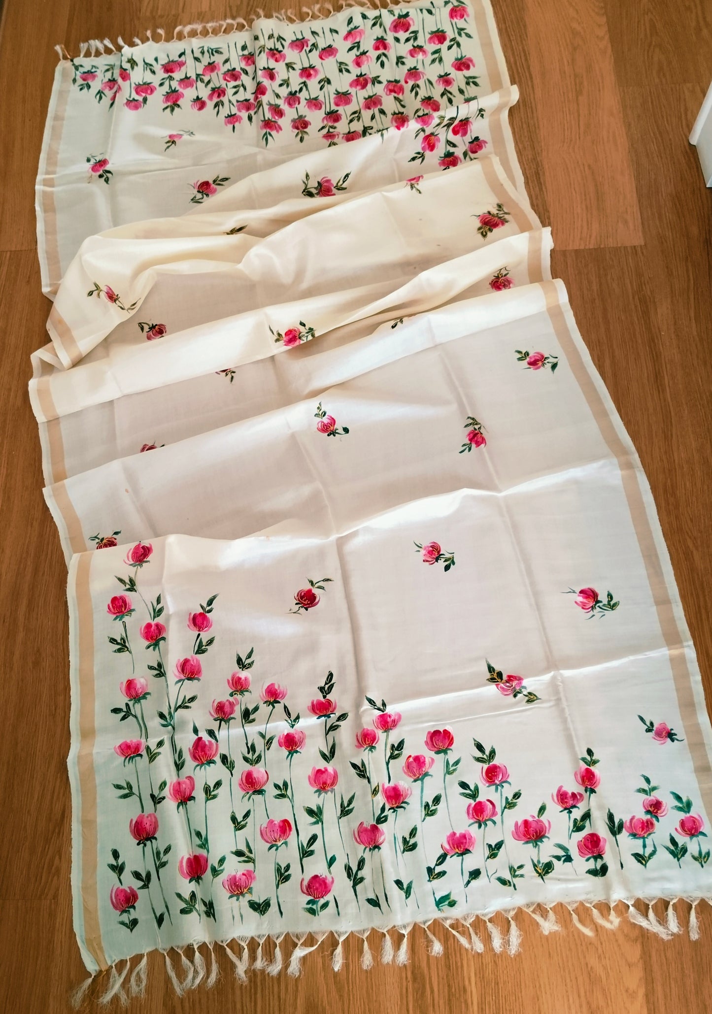 Handpainted Tassar Silk Floral Dupatta - Pink cosmos flowers