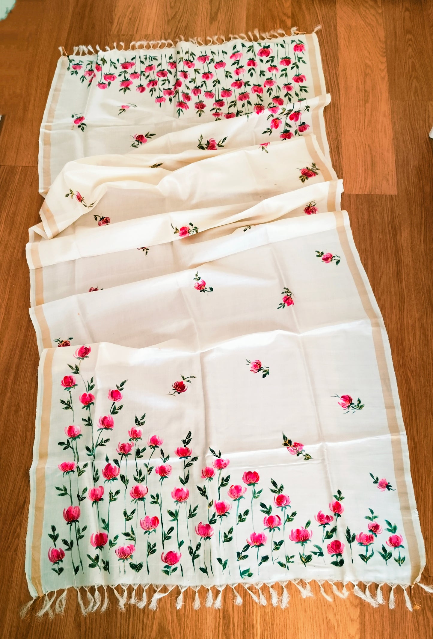 Handpainted Tassar Silk Floral Dupatta - Pink cosmos flowers