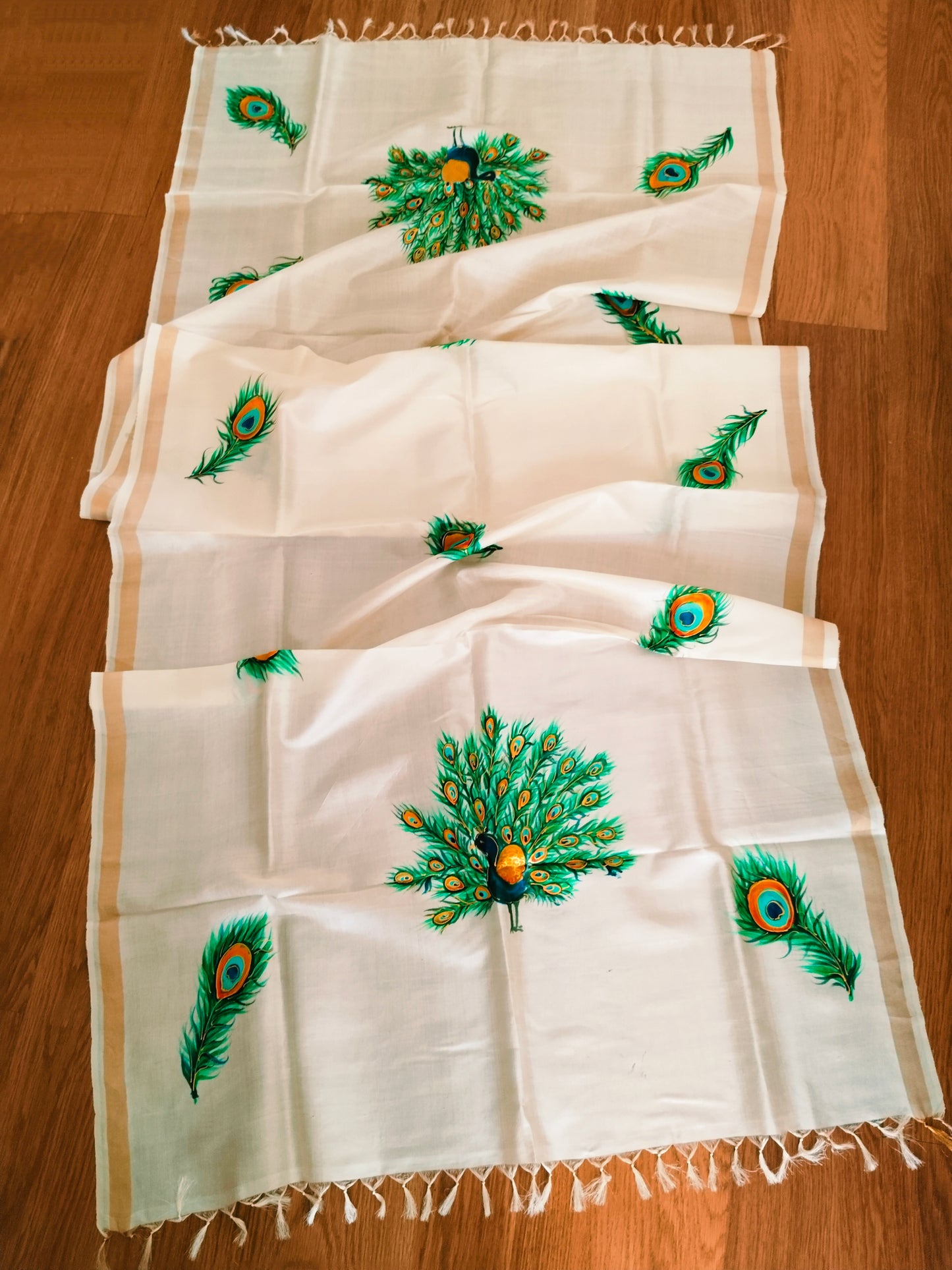 Handpainted Tassar Silk Dupatta with Peacock Design