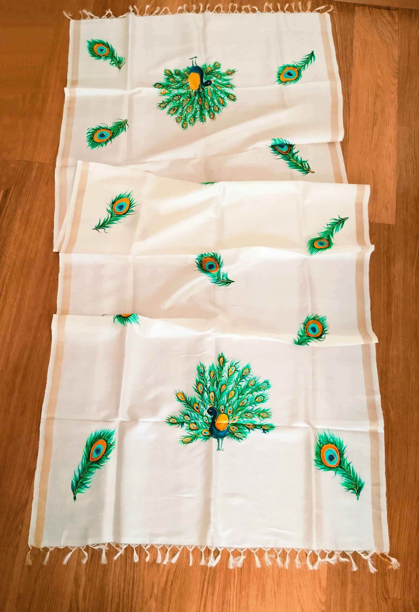 Handpainted Tassar Silk Dupatta with Peacock Design