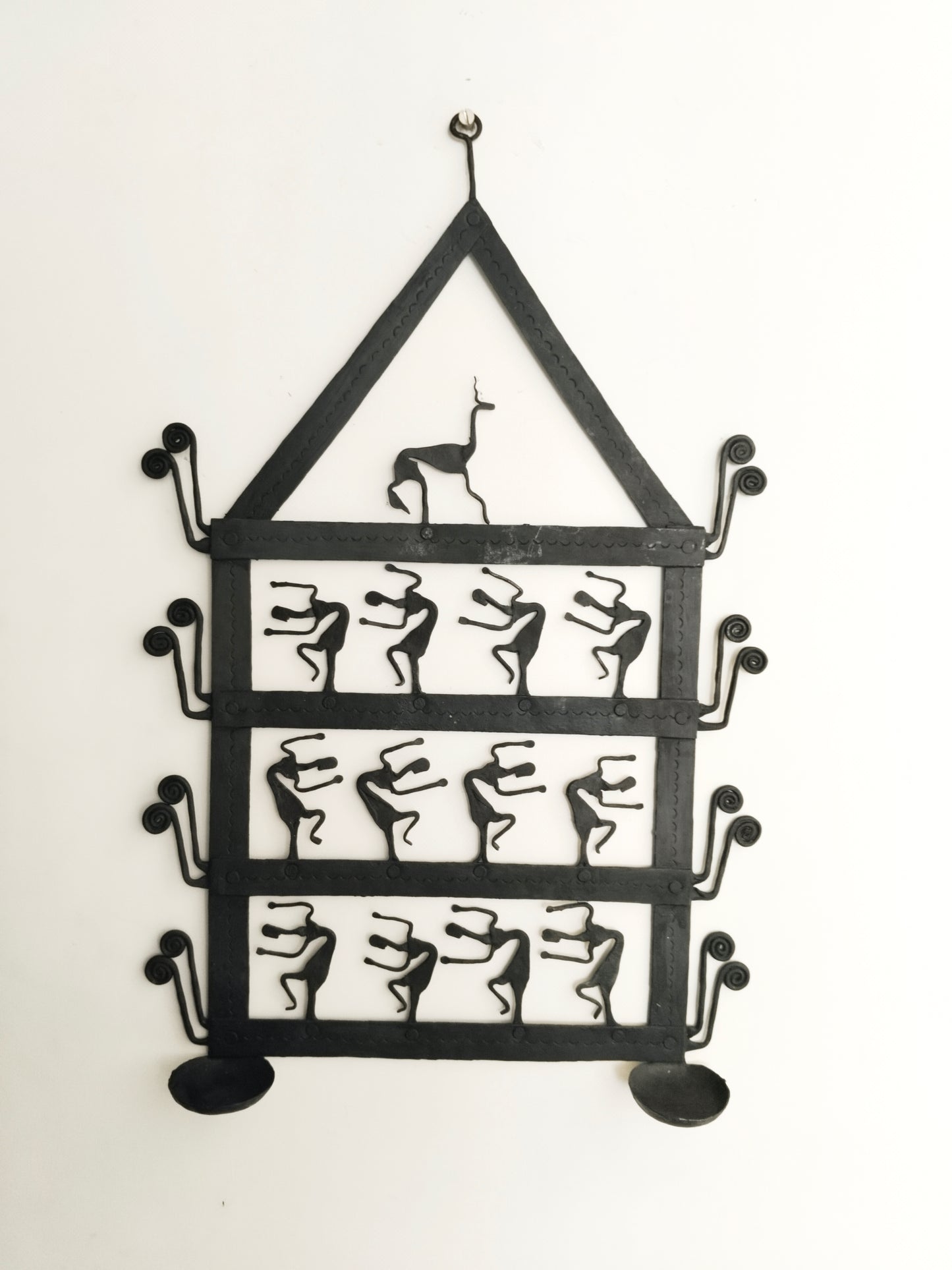 Single Panel wrought iron laman diya - Tribal Dancing Women & Deer (2 Candles)